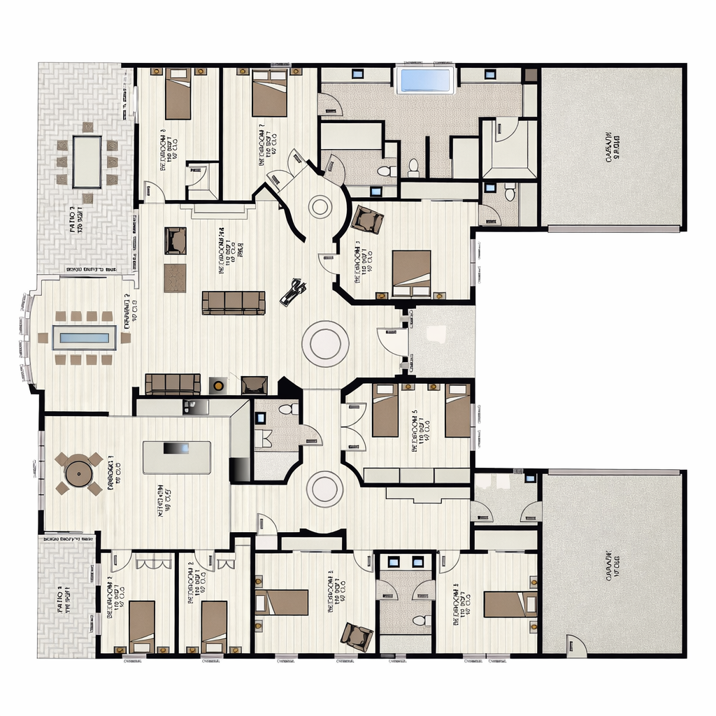 Floor plan of a large house with multiple bedrooms, bathrooms, living rooms, a kitchen, and two garages.