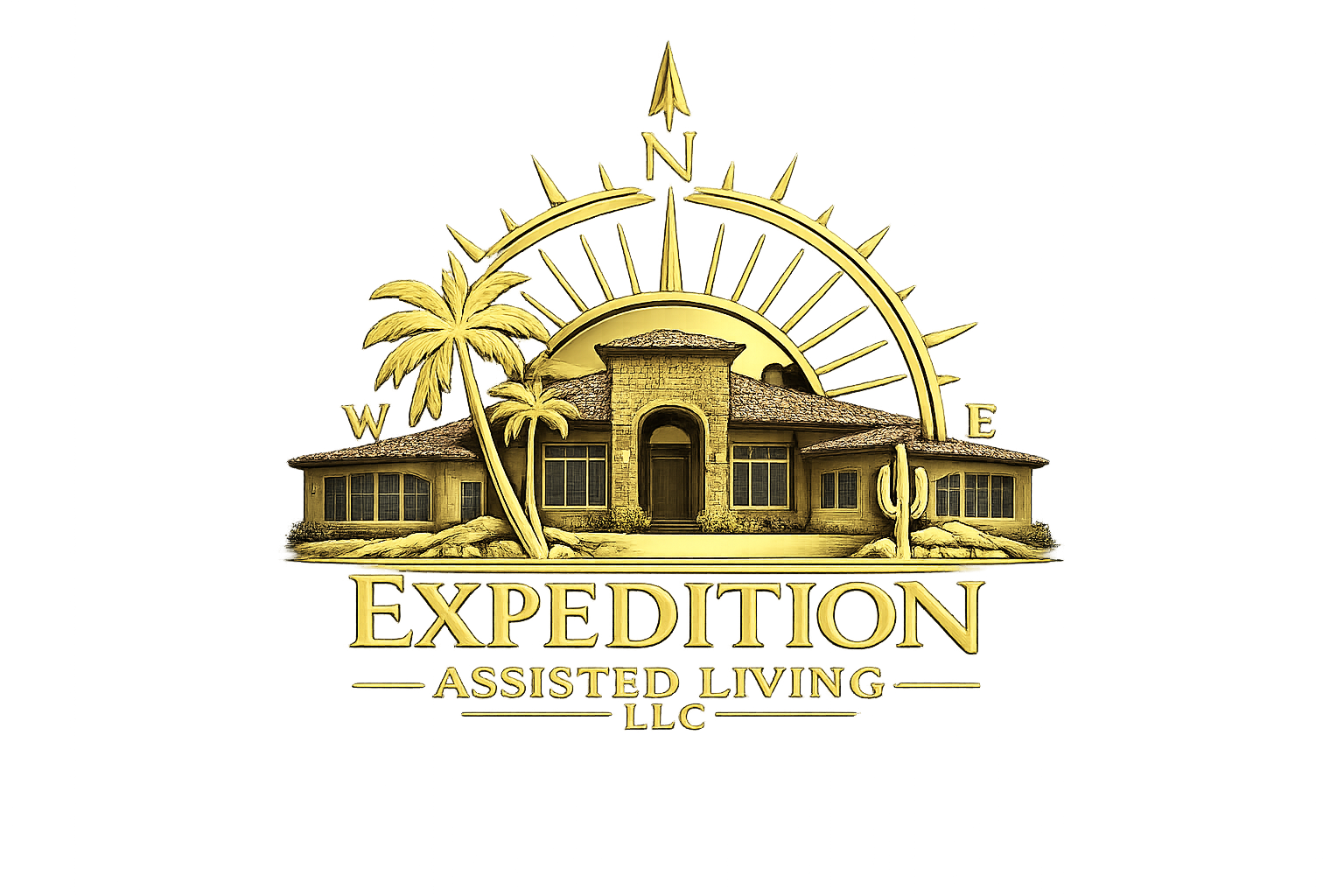 Gold logo for Expedition Assisted Living LLC featuring a house with palm trees and a cactus in front, with a sunset behind, and a compass rose above with north, south, east, and west directions.