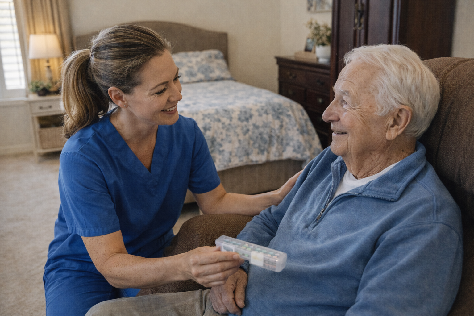A healthcare worker in blue scrubs giving medication to an elderly man in a chair, both smiling at each other in a cozy bedroom setting.