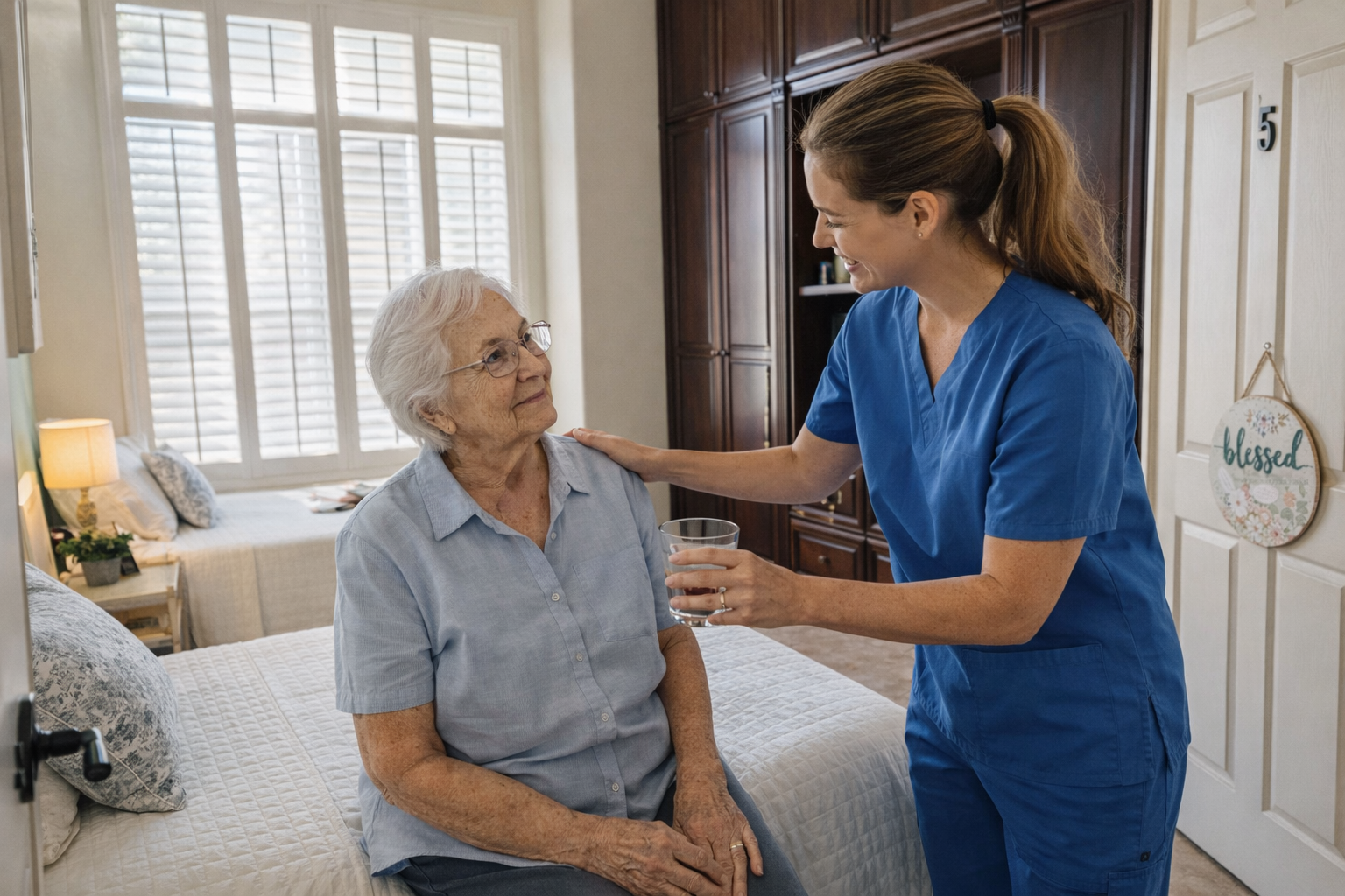 A healthcare worker in blue scrubs helps an elderly woman in a bedroom, with a bedside table and window in the background.