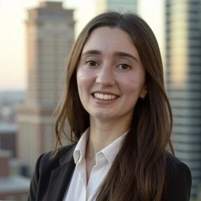 Young woman smiling in front of city skyline at sunset