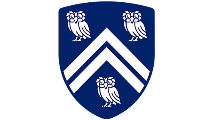 A navy blue shield with three white owls and three white chevrons in a vertical arrangement.