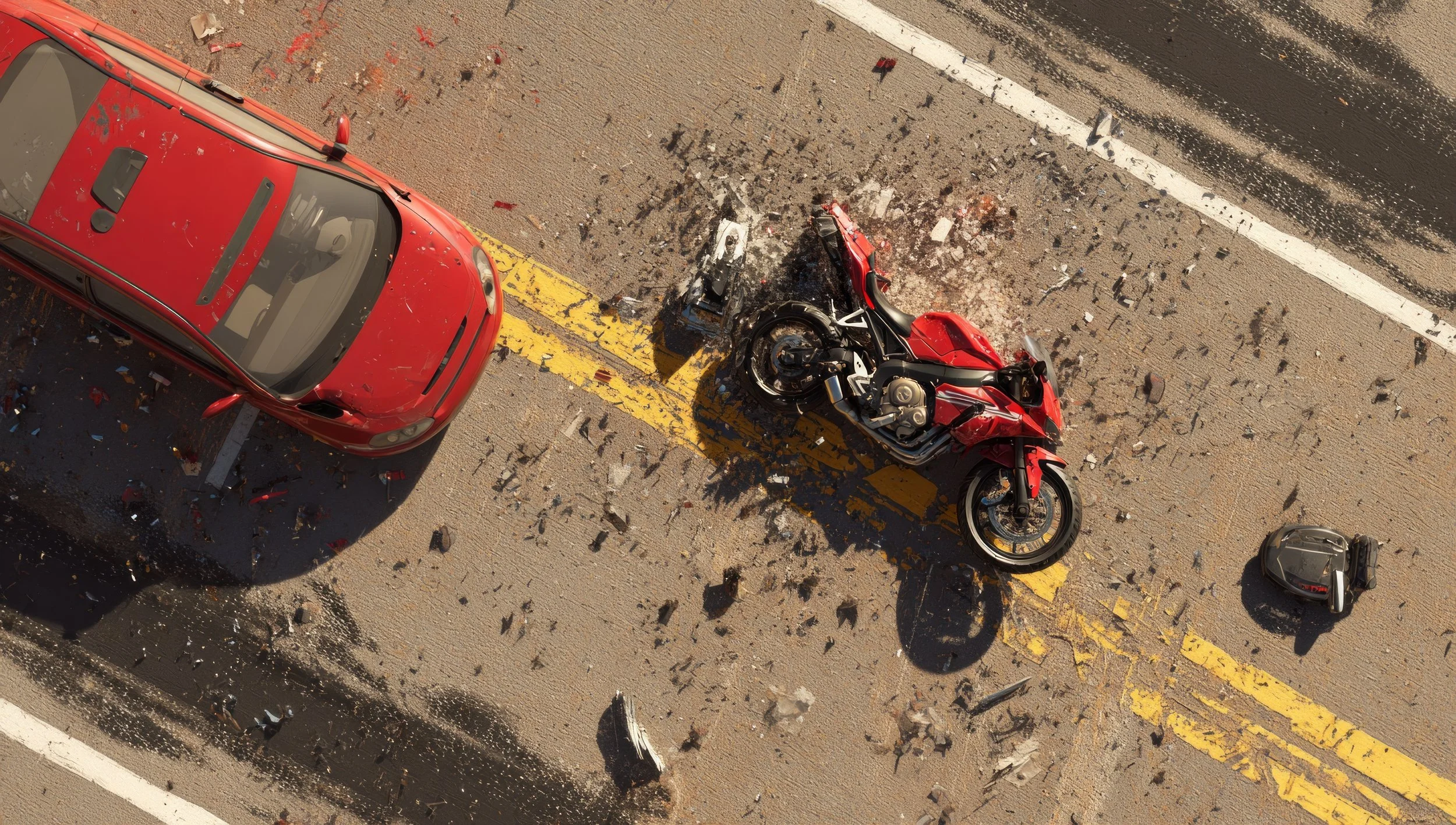 A car and motorcycle involved in a crash on a highway, with debris scattered across the road.