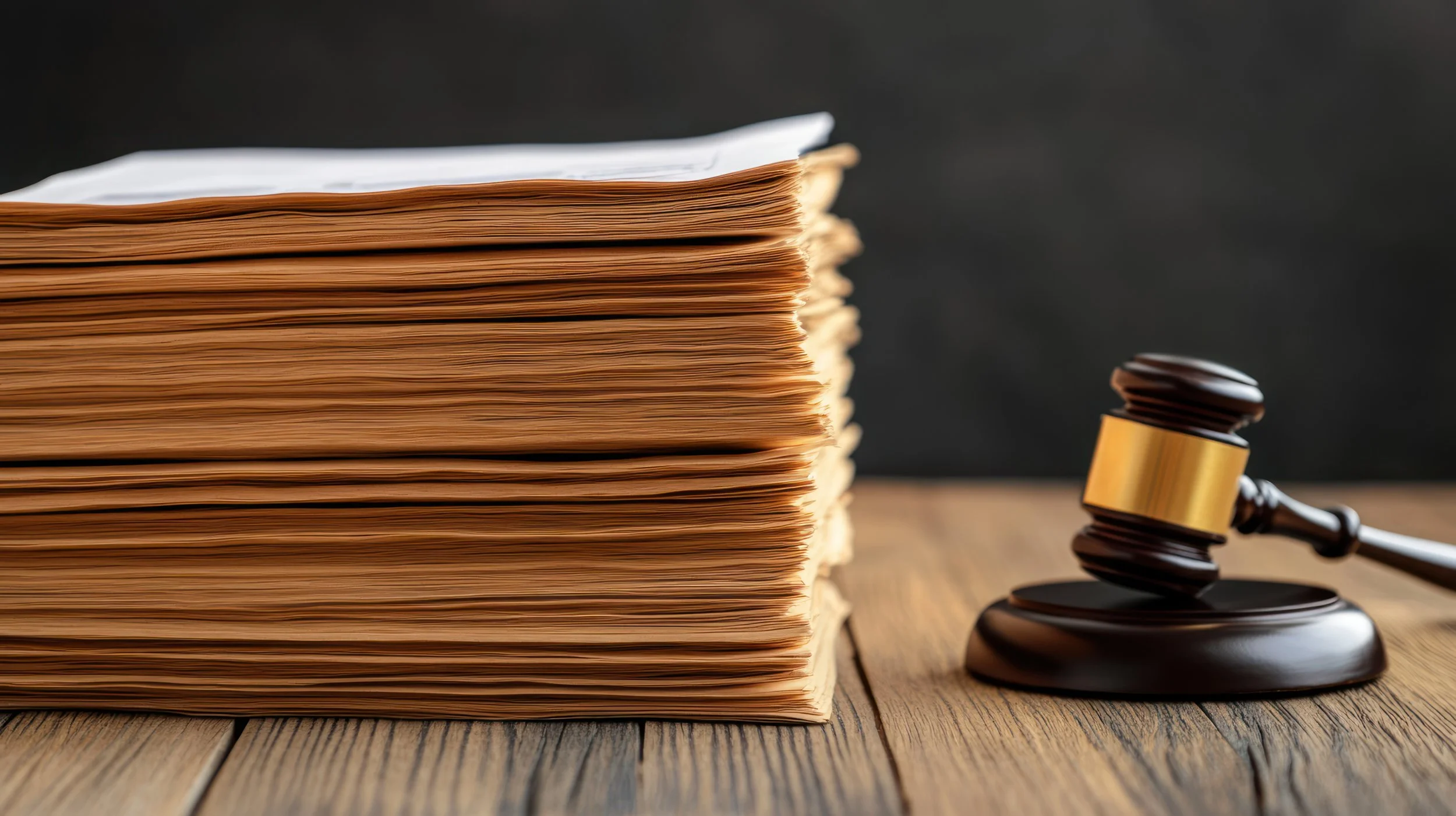 A large stack of legal documents or papers next to a wooden gavel on a judge's bench.