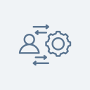 Icon of a person with arrows indicating data transfer or information exchange, and a gear representing settings or processes.