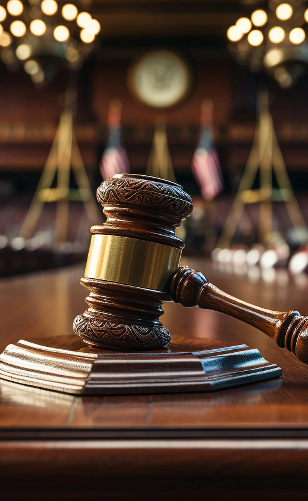 Close-up of a wooden gavel resting on a sound block in a courtroom with American flags and a clock in the background.