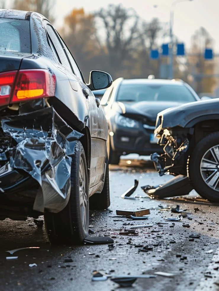 Several cars involved in a rear-end collision, with visible damage and debris scattered on the road.