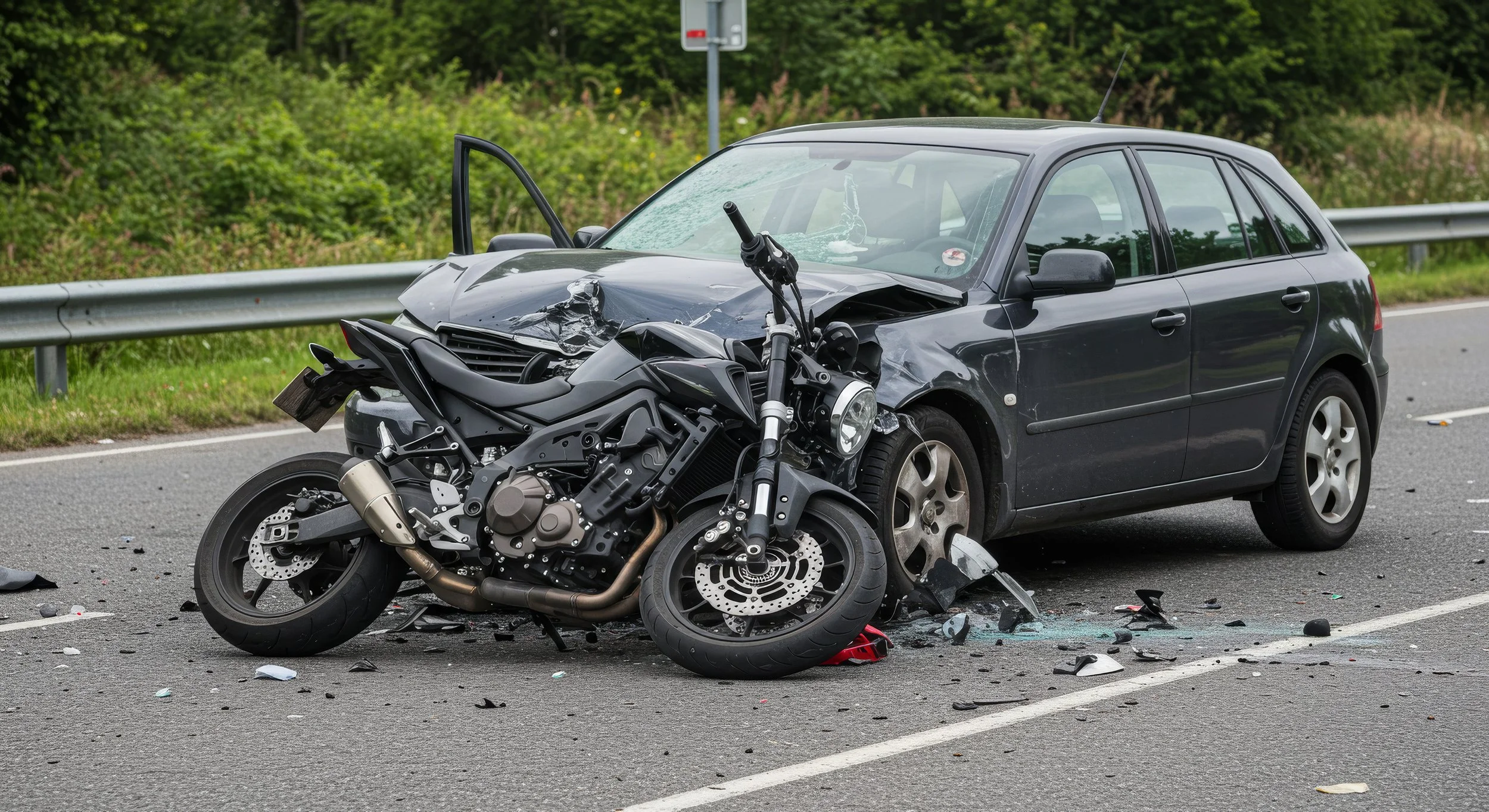 Damaged black motorcycle and black car involved in a collision on the road, debris scattered on the pavement.