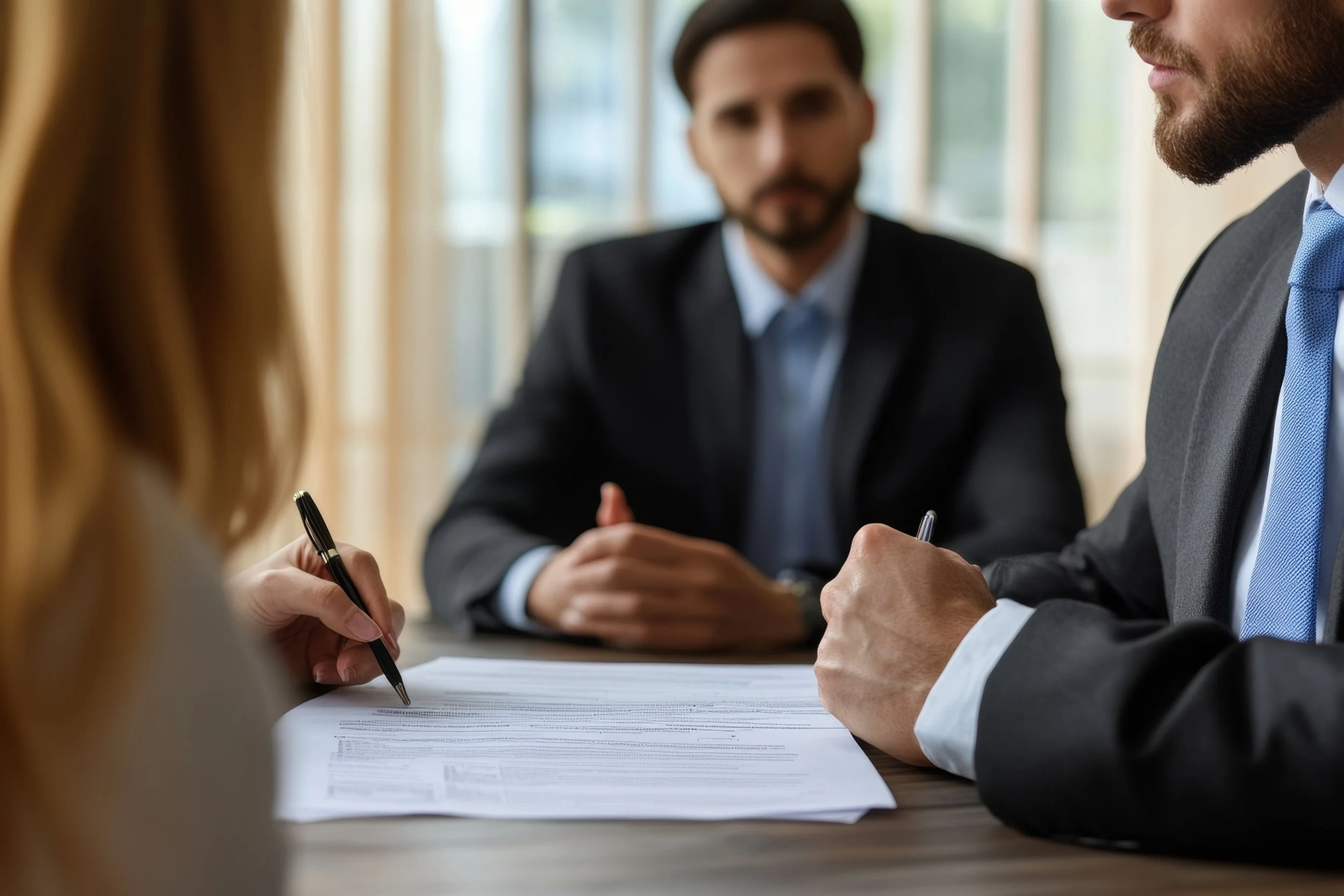A woman and two men in formal business attire are sitting at a table during a meeting or interview, with documents and pens in front of them.