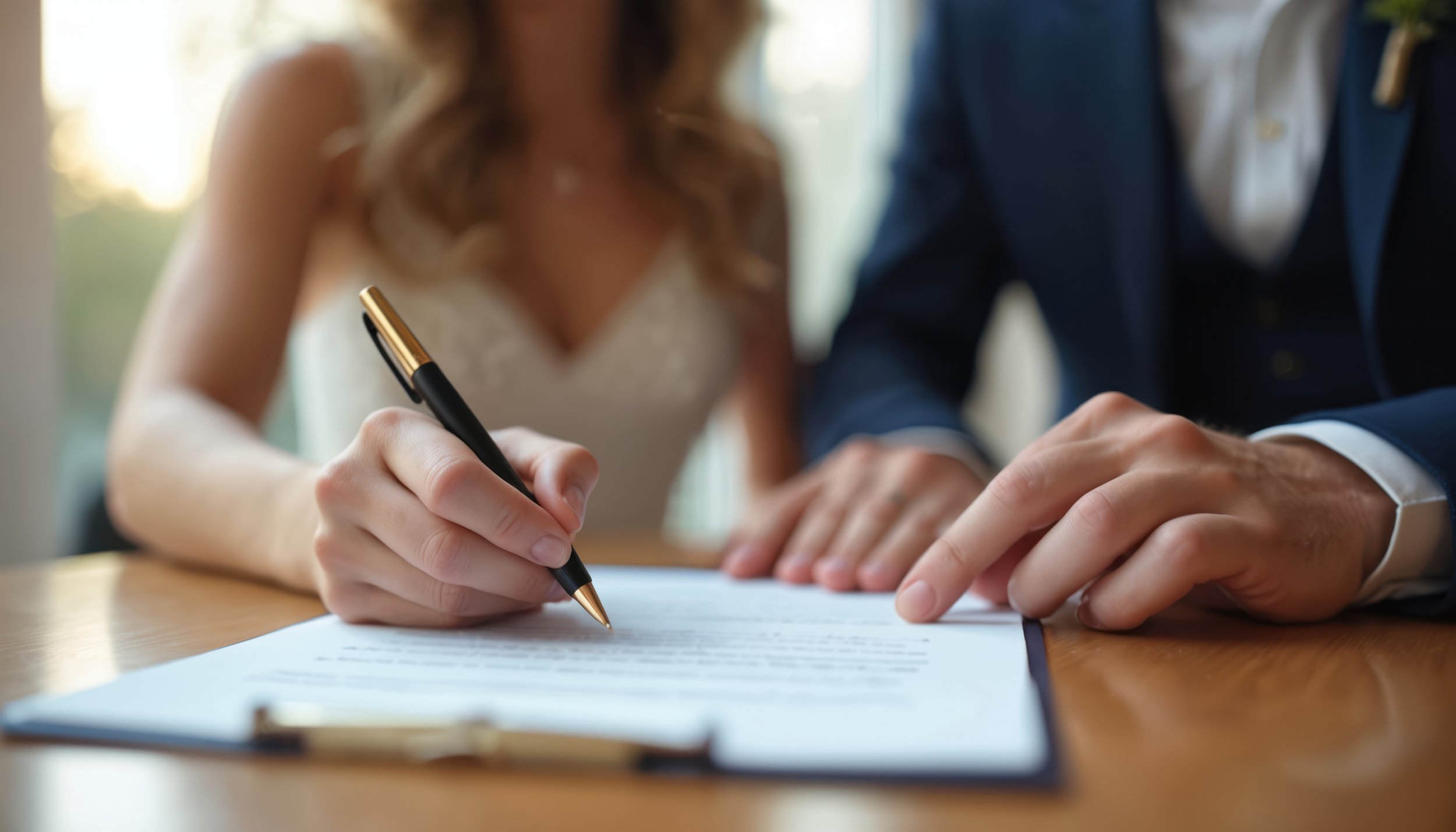 A woman signing a document with a black and gold pen while a man points at it, both dressed in formal attire.