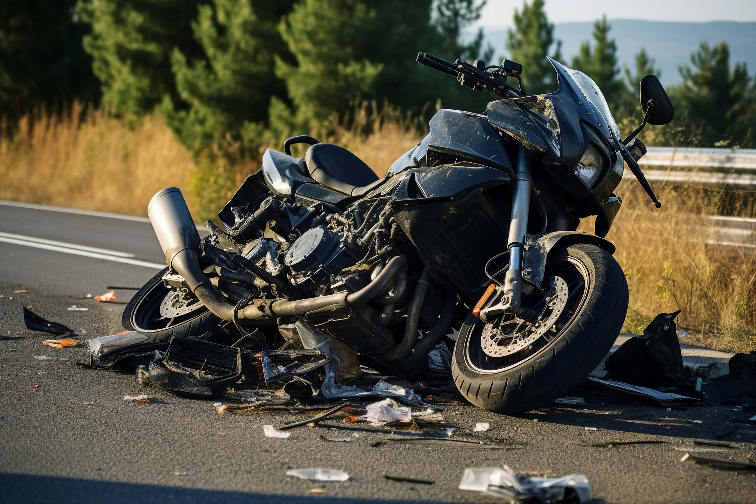 A crashed black motorcycle lying on its side on a road, surrounded by debris and wreckage.