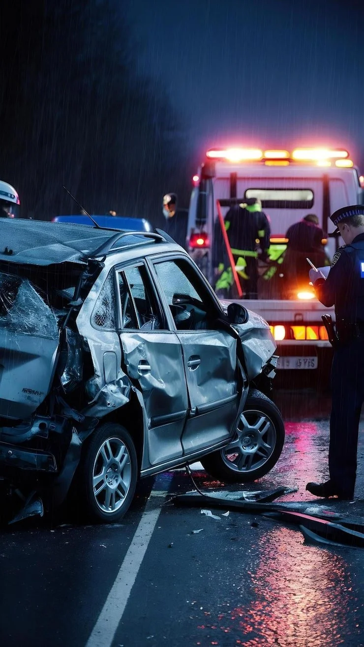 Car accident scene at night with a heavily damaged silver car, emergency responders, and police officers at the scene.