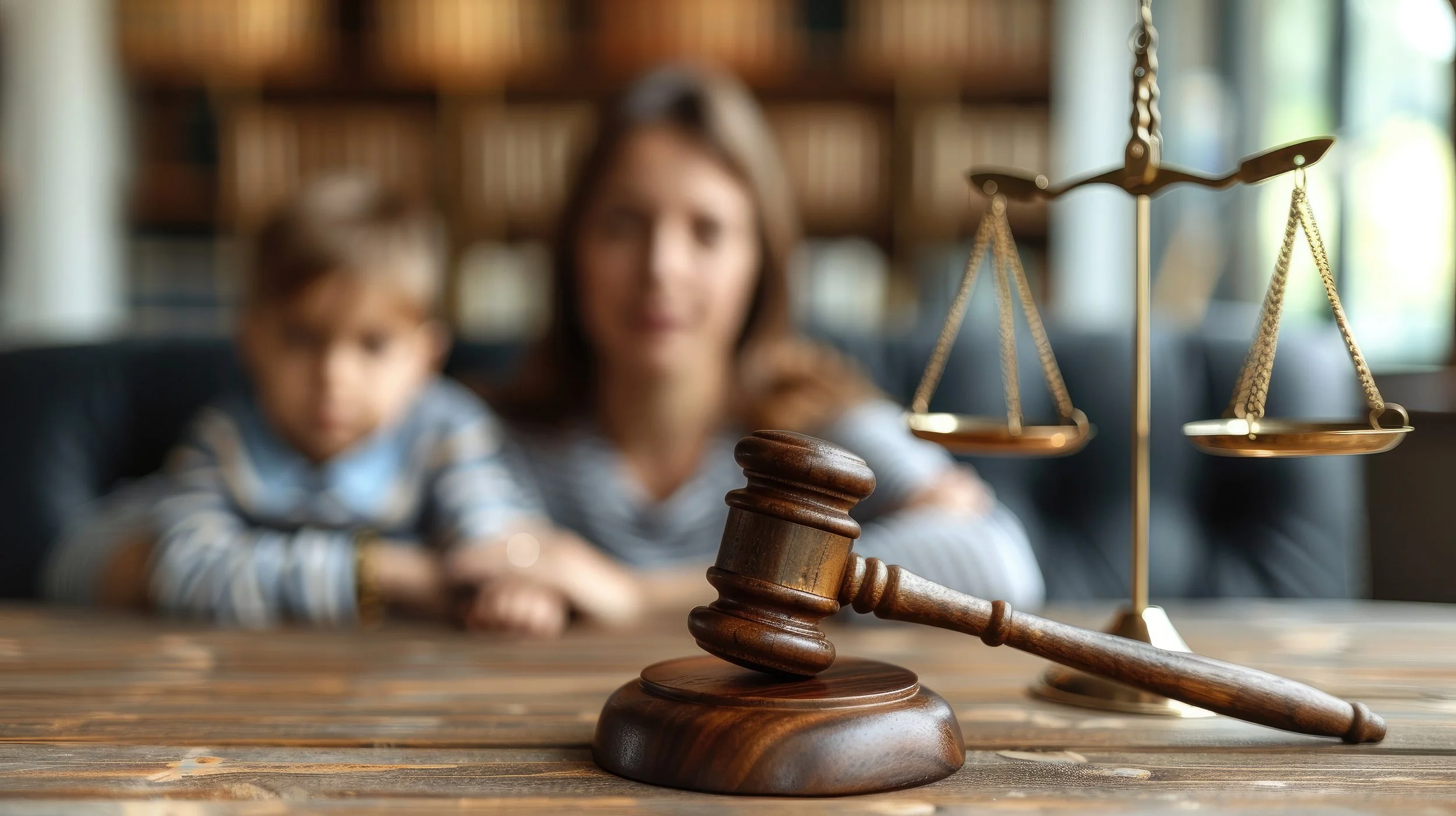 A judge's gavel and a set of scales on a wooden table, with a woman and a young boy in the blurred background.