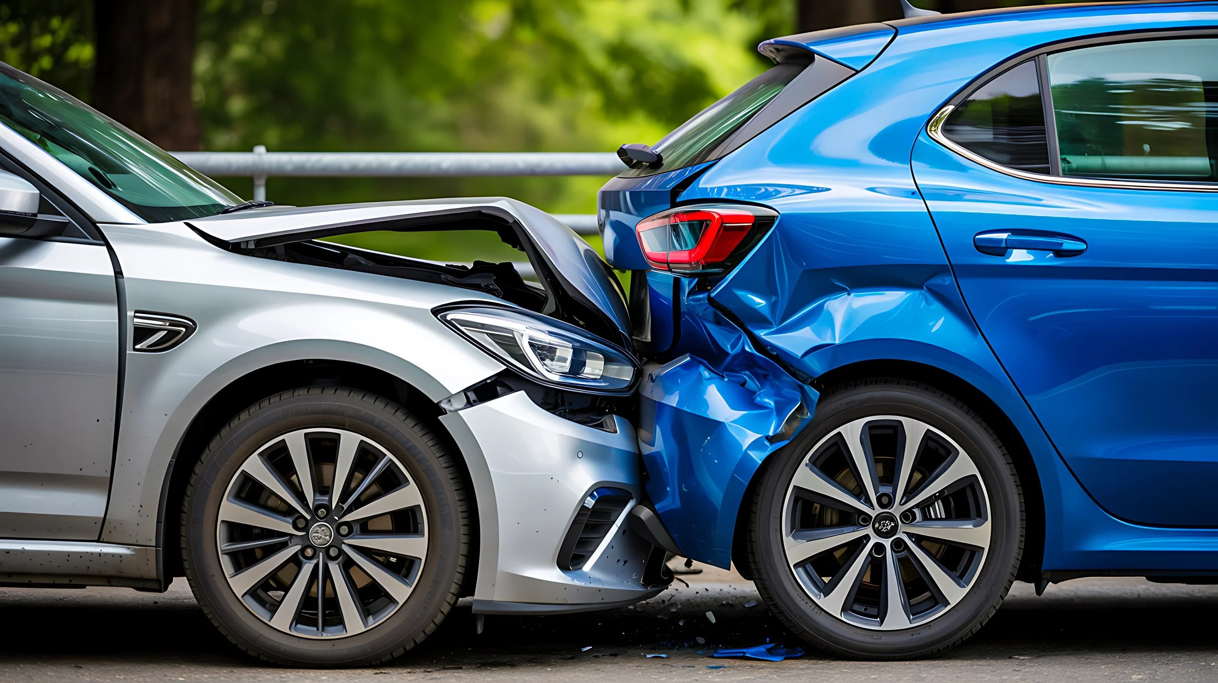 Two cars involved in a head-on collision, with front ends crumpled and airbags deployed, on a road with trees in the background.
