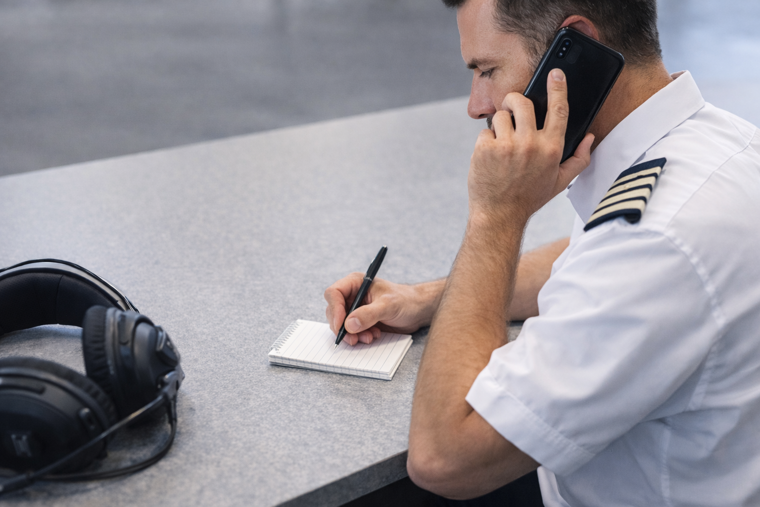 A man in pilot uniform talking on a cellphone, writing in a small notepad with headphones on the table in front of him.