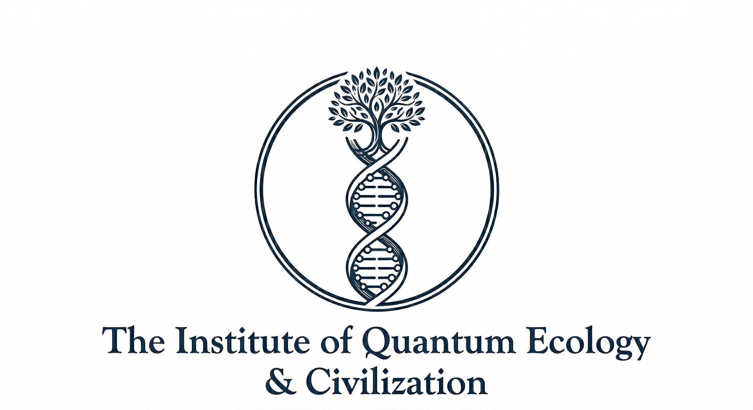 Logo for the Institute of Quantum Ecology & Civilization featuring a stylized DNA double helix with a tree growing from the top and a double circle outline.
