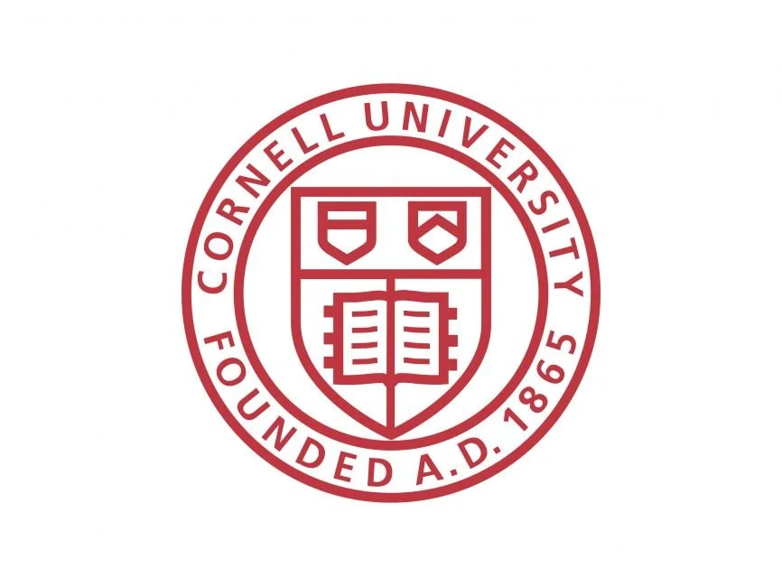 Cornell University logo featuring a shield with two shields and an open book, surrounded by the text "Cornell University" and "Founded A.D. 1865" in red.