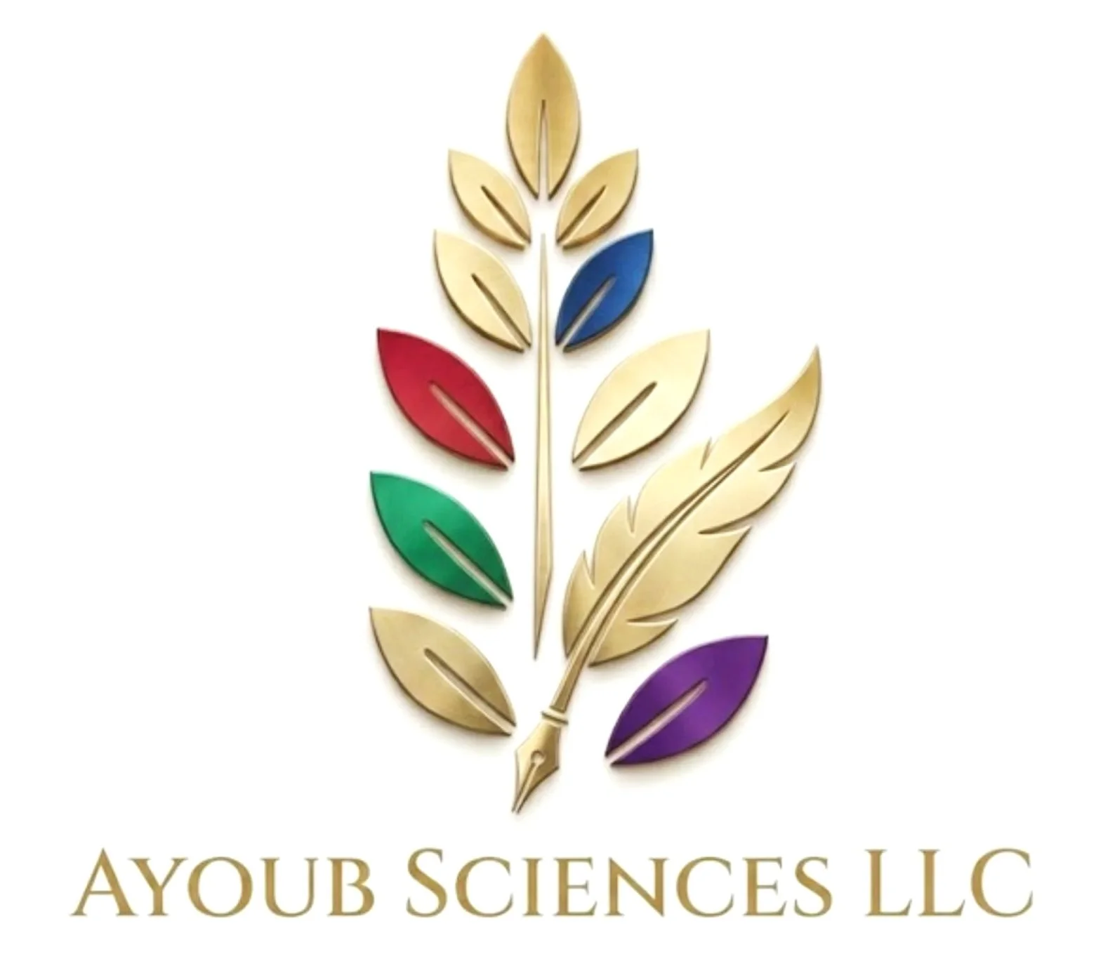 A stylized gold quill fountain pen with leaves in red, green, purple, blue, and gold colors, above the text 'AYOUB SCIENCES LLC' in gold lettering.