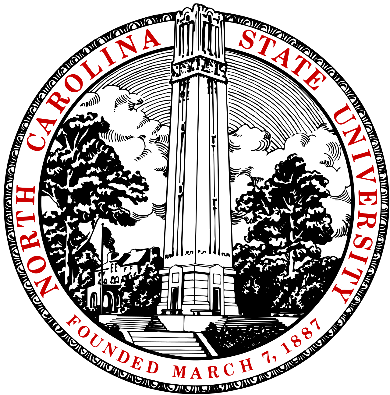 The seal of the North Carolina Department of Transportation featuring a tower, trees, clouds, and a small building on a black background with red text encircling the image.