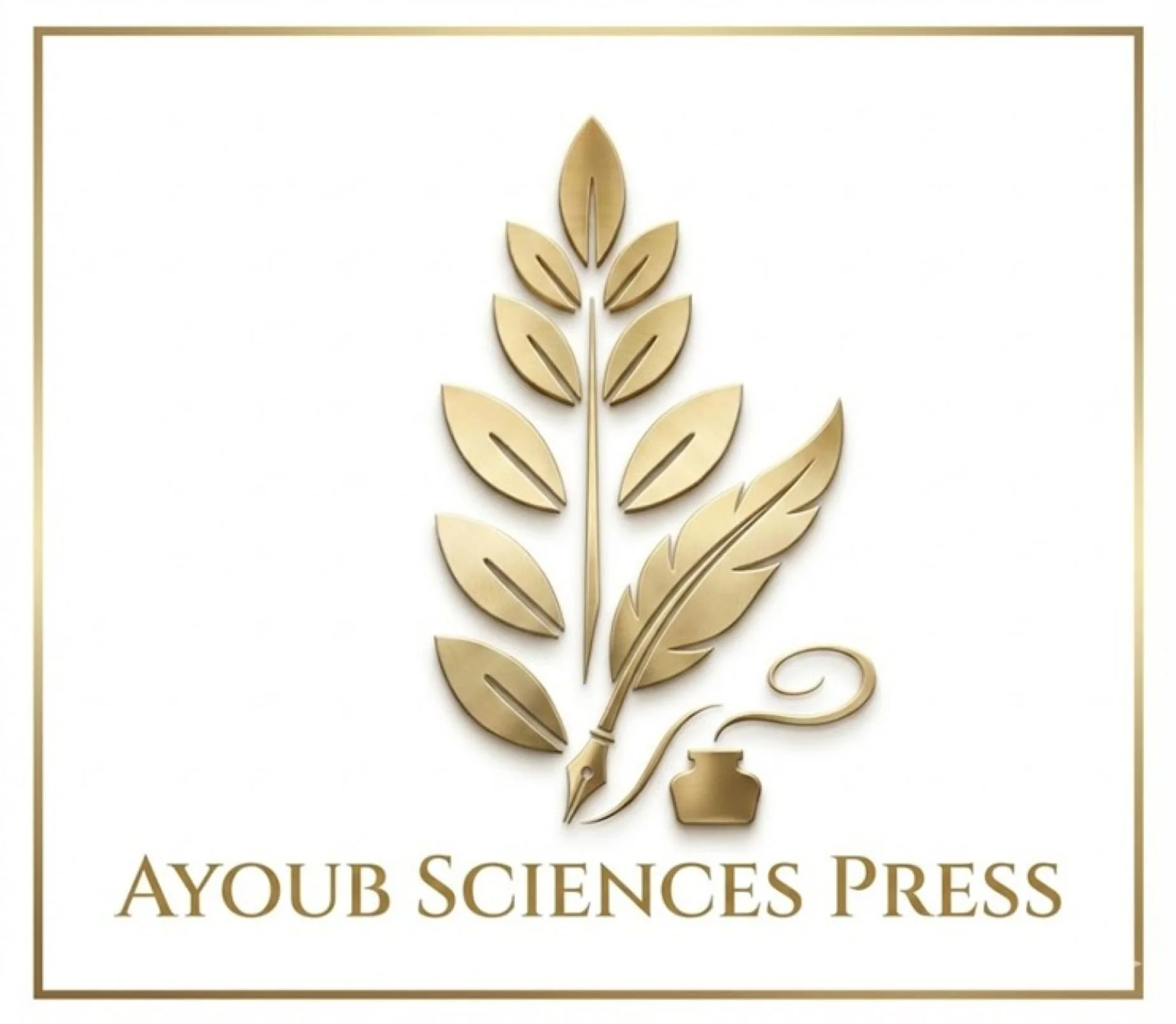 Gold-colored logo featuring a stylized quill resembling a plant with multiple leaves, a small ink pot, and the text 'AYUB SCIENCES PRESS' beneath the logo on a white background with a gold border.