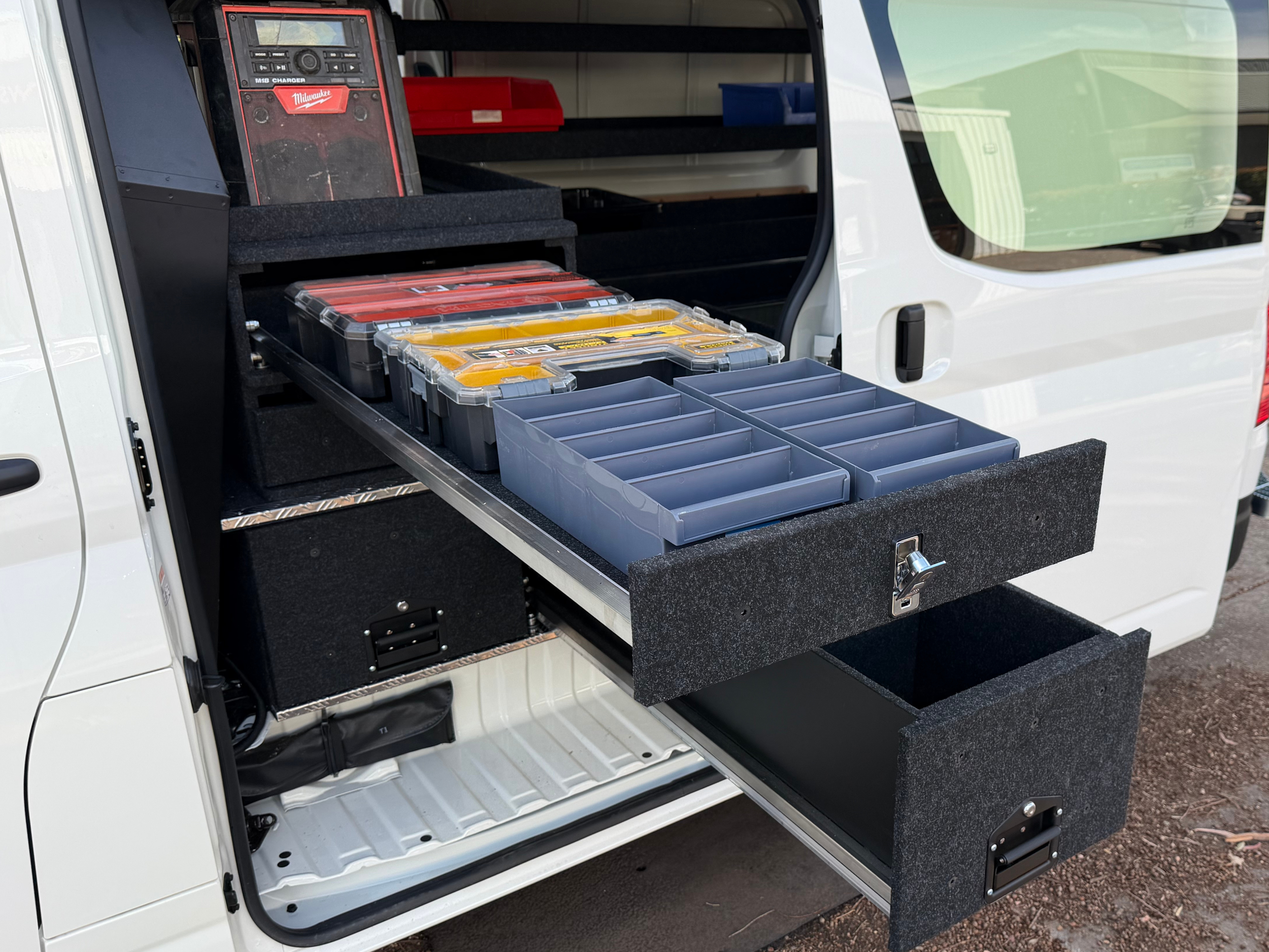 Ford Transit Custom quad front drawer van storage system installed with organiser trays