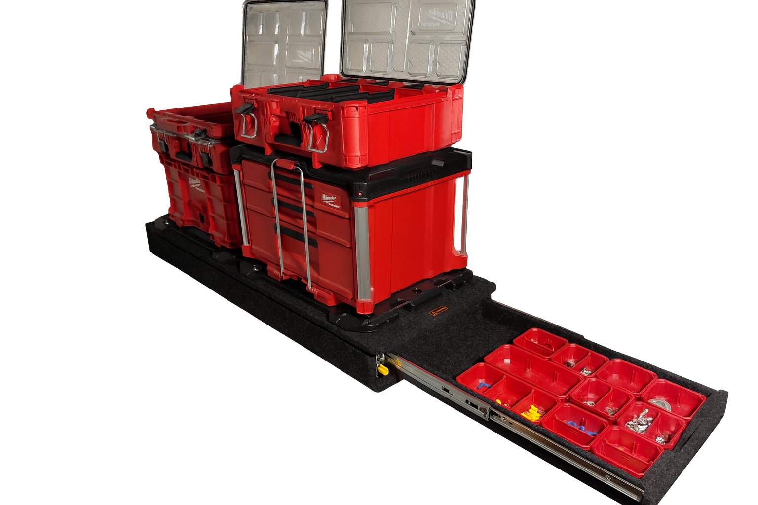 Australian-made heavy-duty plywood drawer system installed in trade van with Packout organisers