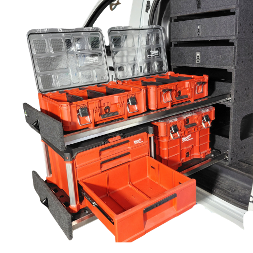 Close-up of Lawson StackDrawer™ stainless bearing runners supporting Milwaukee Packout organisers