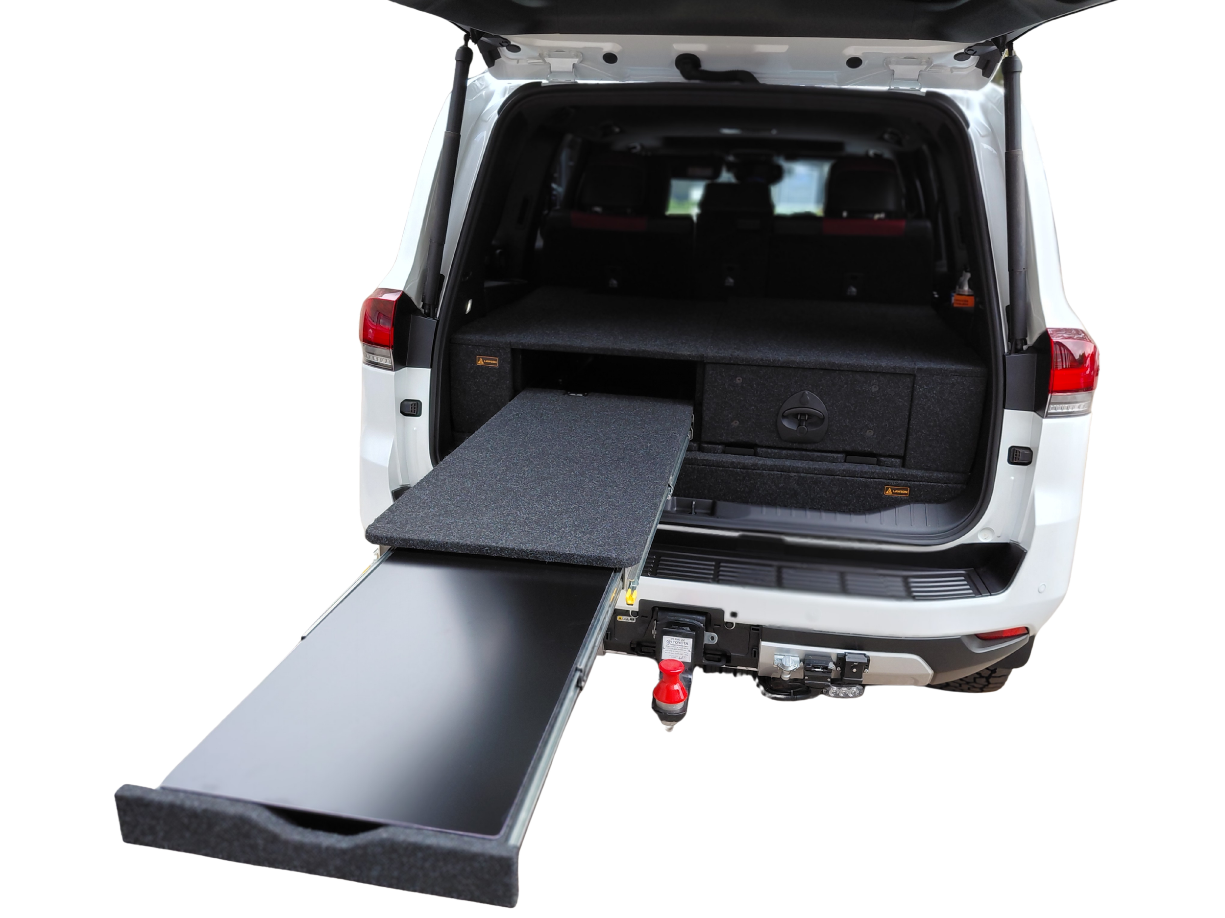 LandCruiser 300 false floor with INFINITY drawer and side wings — full rear view