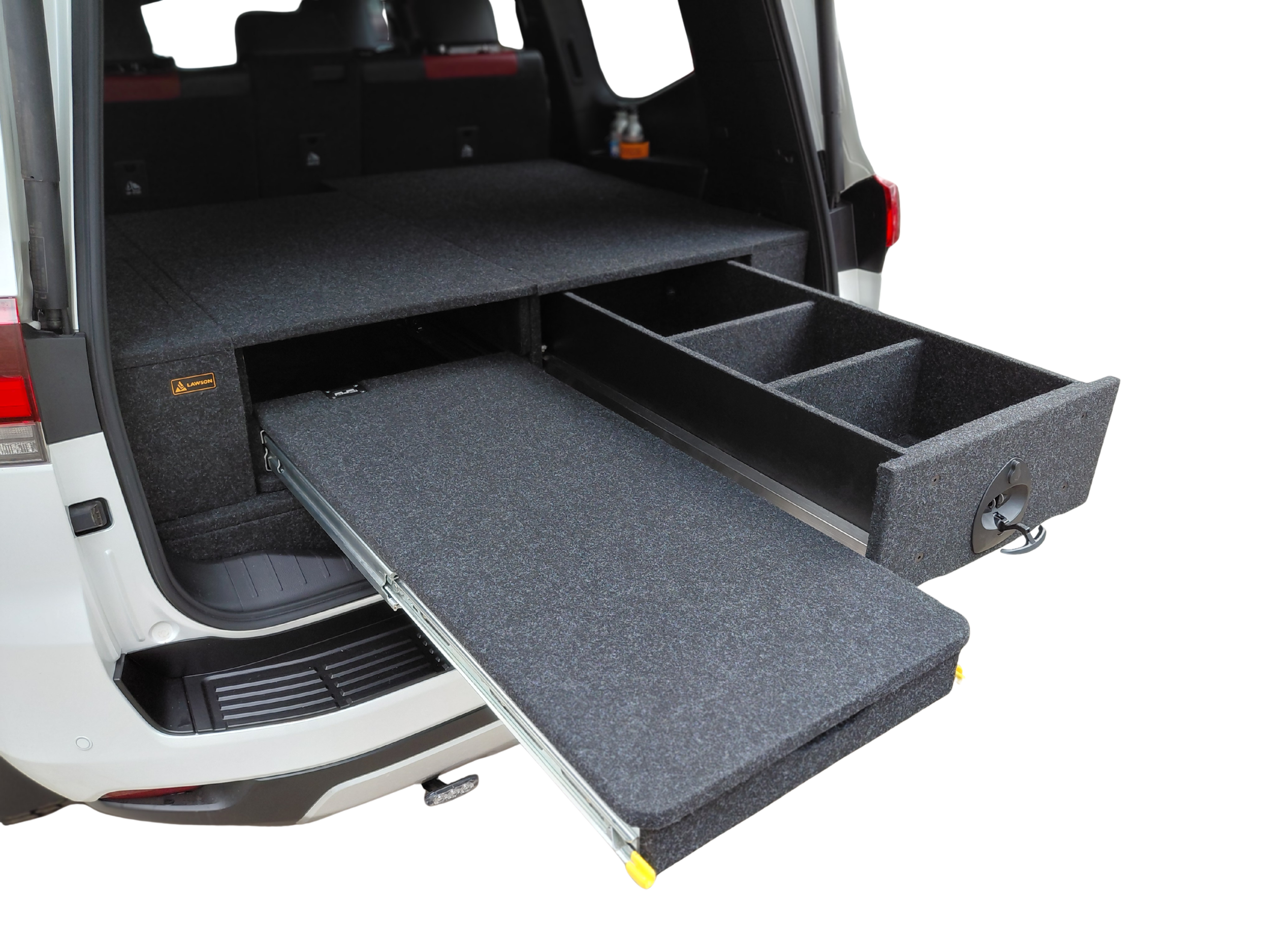 High deck fridge slide extended from LandCruiser 300 raised false floor — side angle