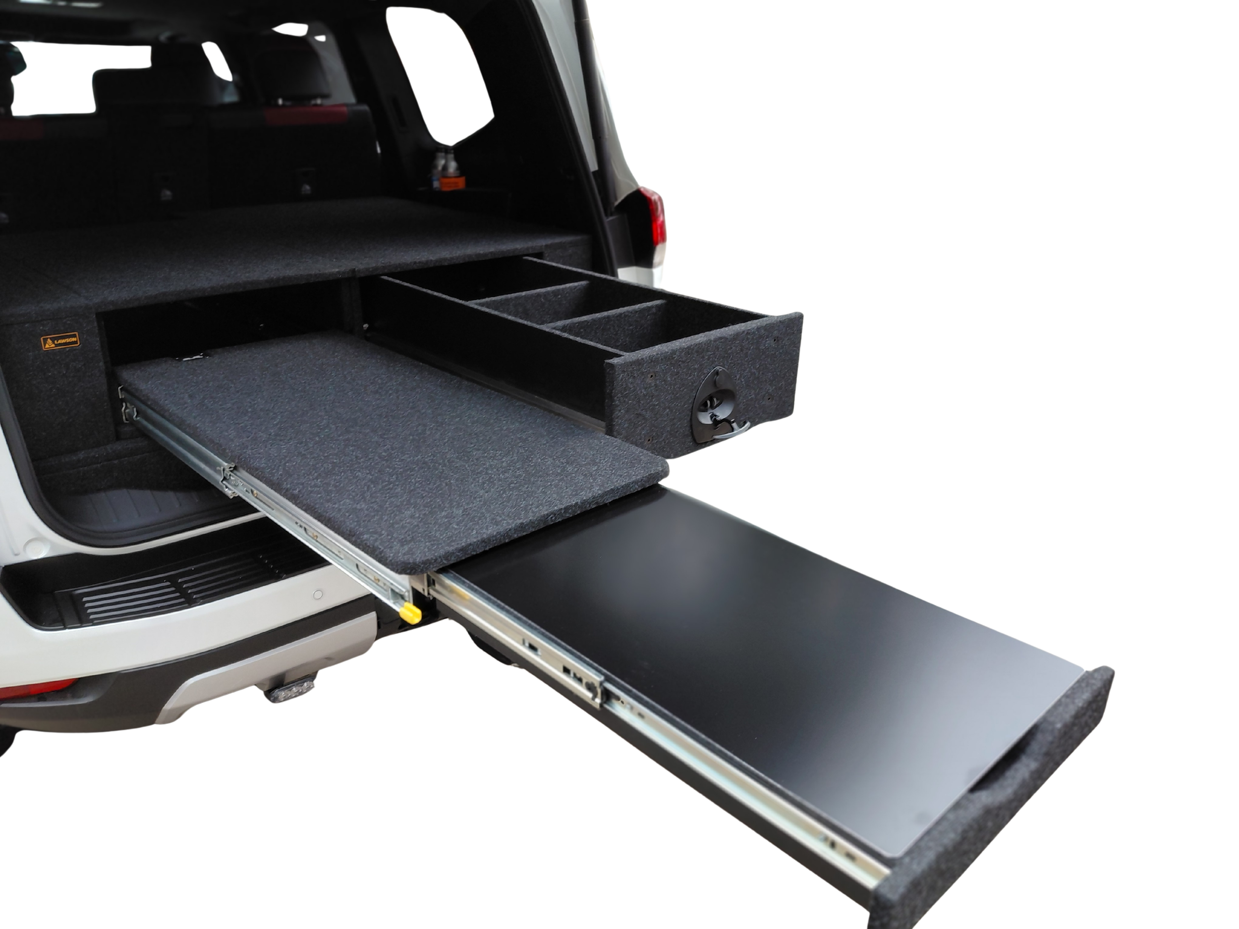 Dual extension setup with open drawer and fridge slide on LandCruiser 300 false floor