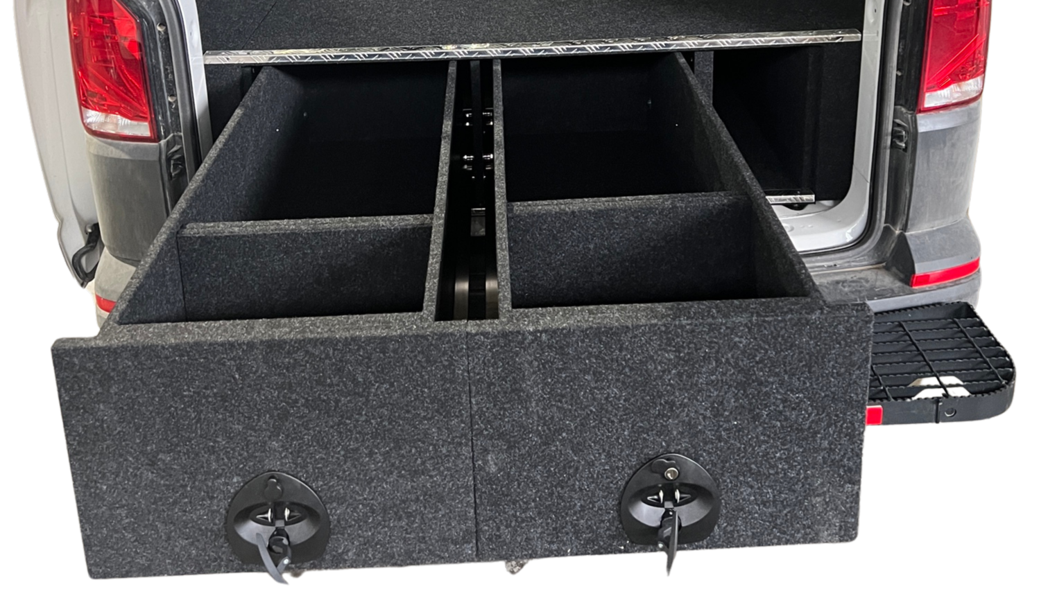 Toyota HiAce van single drawer storage upgrade with lock-in lock-out runners.