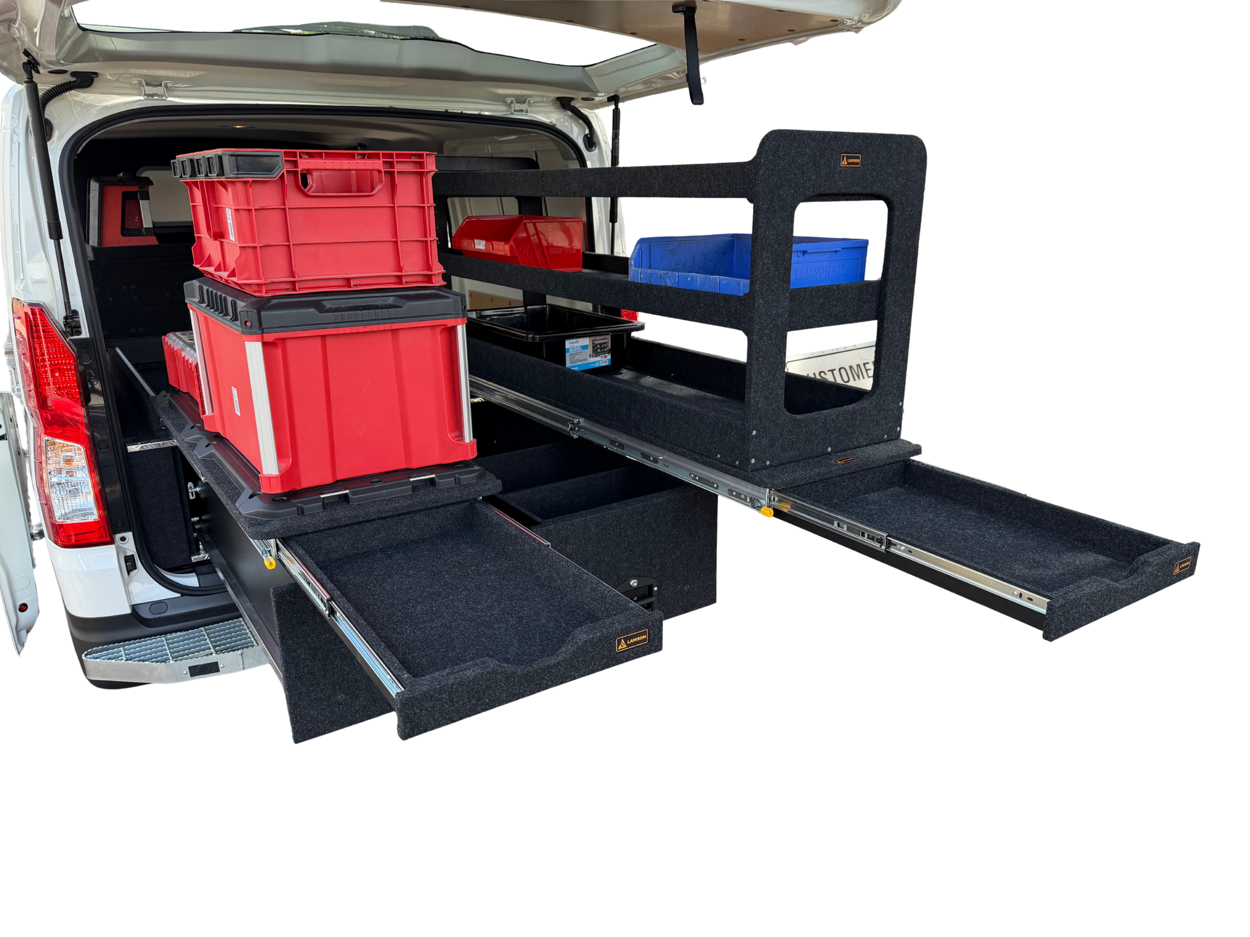 Ford Transit Custom rear drawer system with tool organisers and modular storage trays