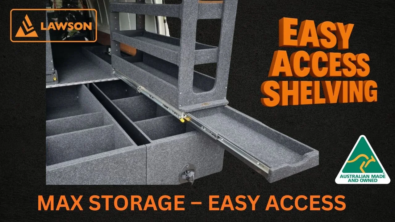 Slide out shelving system extended showing multiple storage tiers