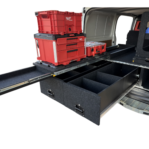 Ford Transit Custom van drawer system with Milwaukee Packout tool storage modules