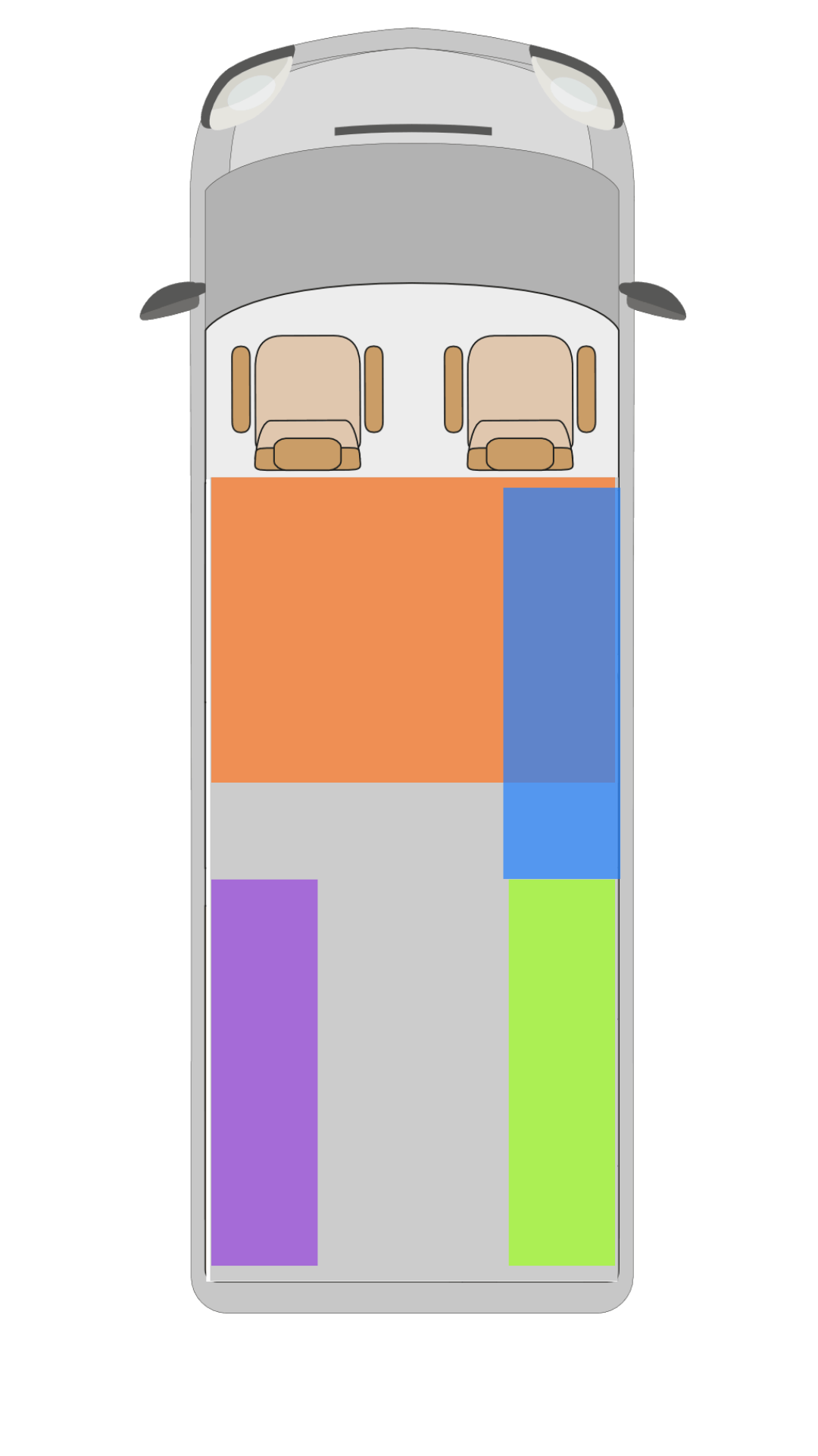 Ford Transit Custom modular false floor base and shelving storage layout diagram