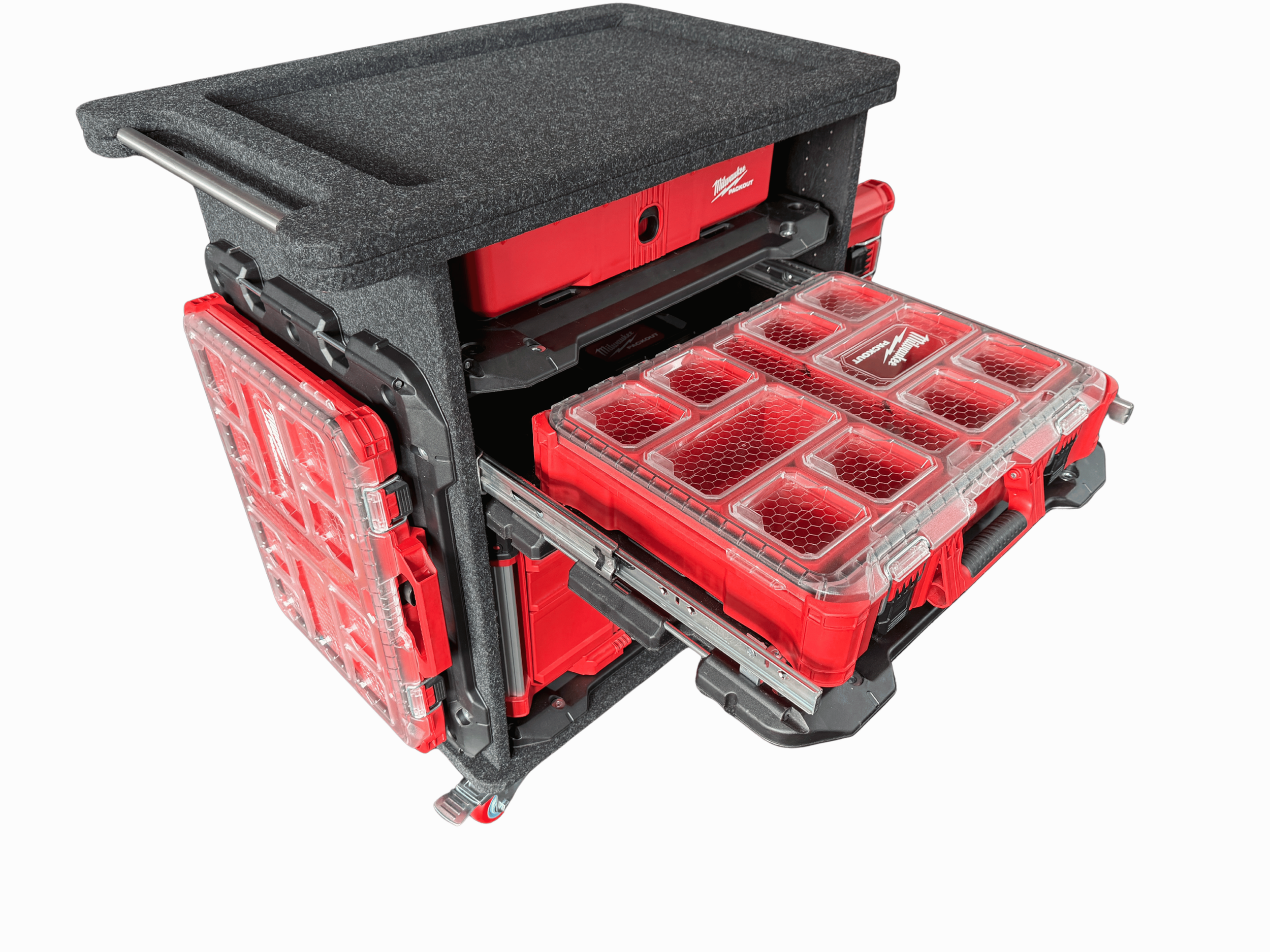 Easy Access Workshop Trolley single stack for Milwaukee Packout with side-mounted organisers and modular storage tiers