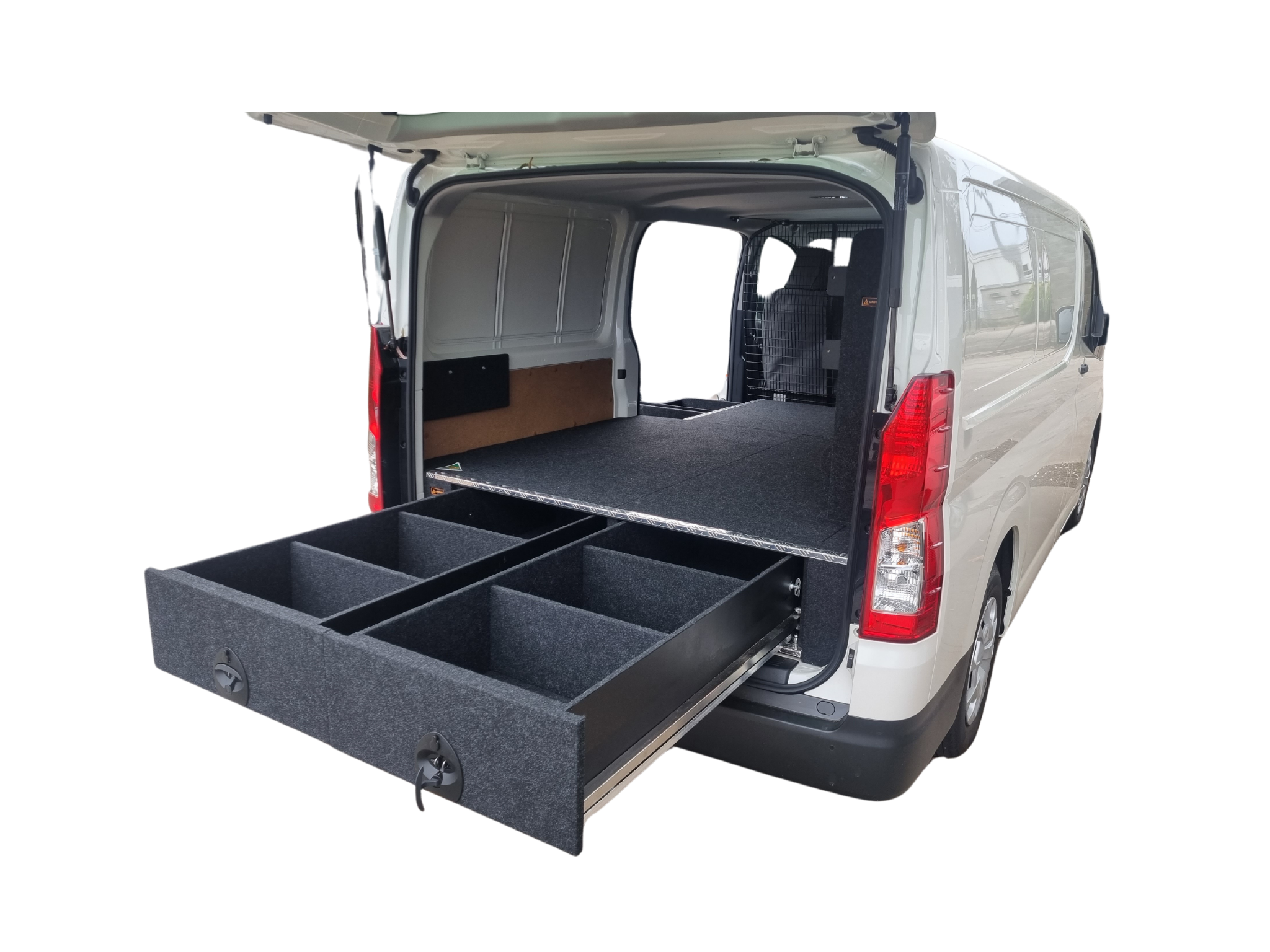 Toyota HiAce side access drawers for tools and equipment in modular van storage system