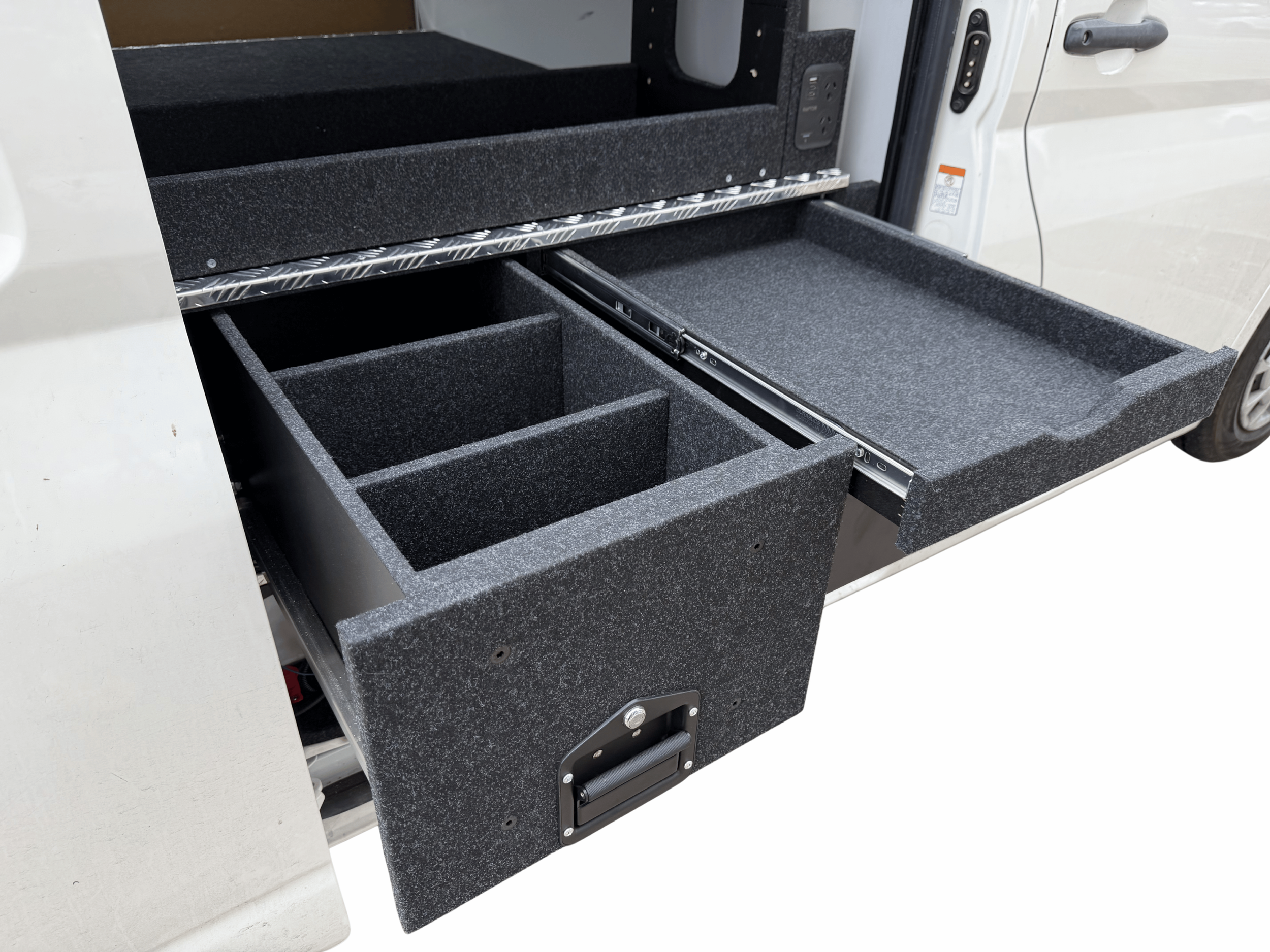 Toyota HiAce rear cargo area with six drawer system installed for trade use