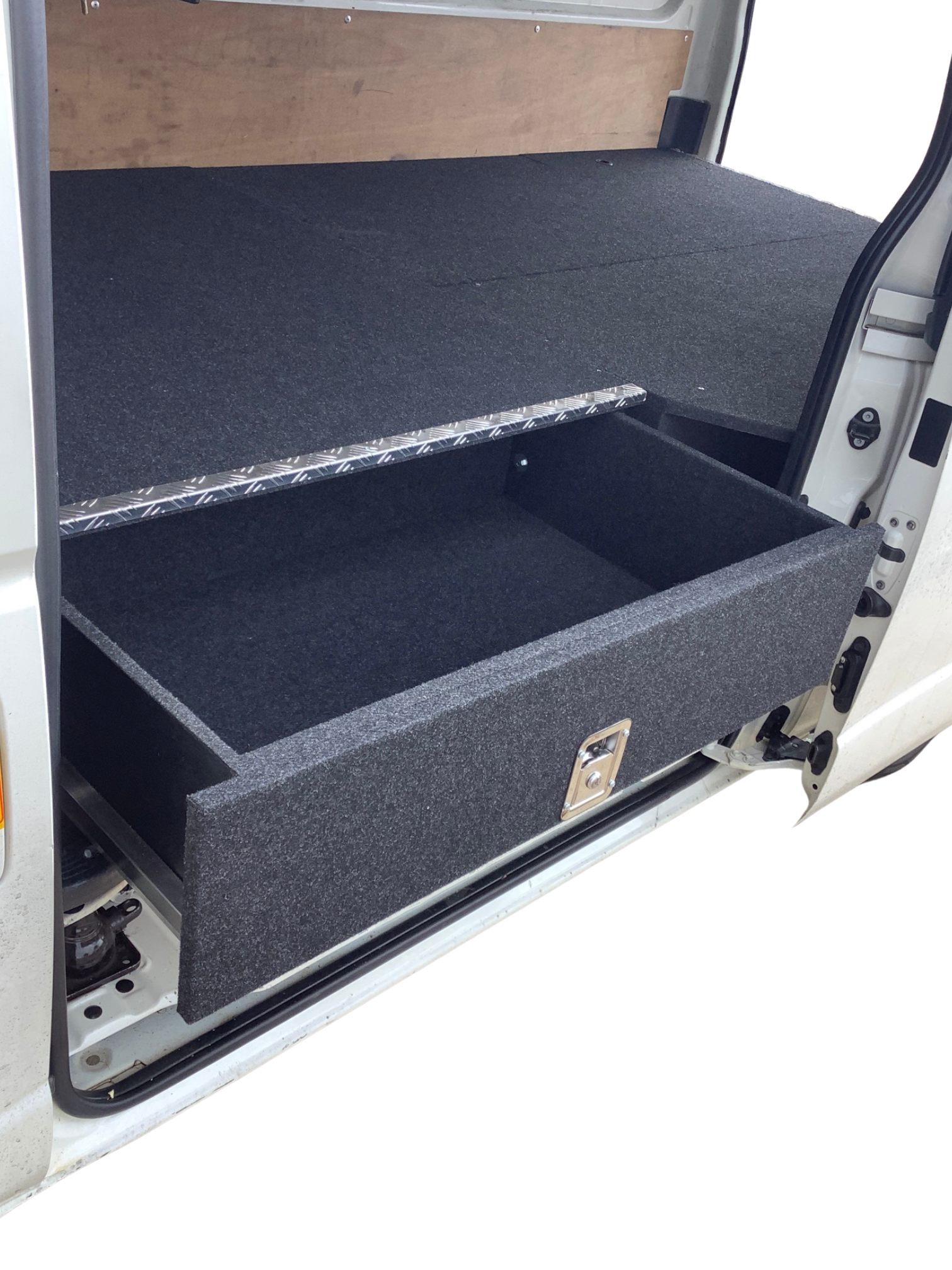Toyota HiAce 4 drawer opposed storage system with two rear drawers and side access drawers on both sides