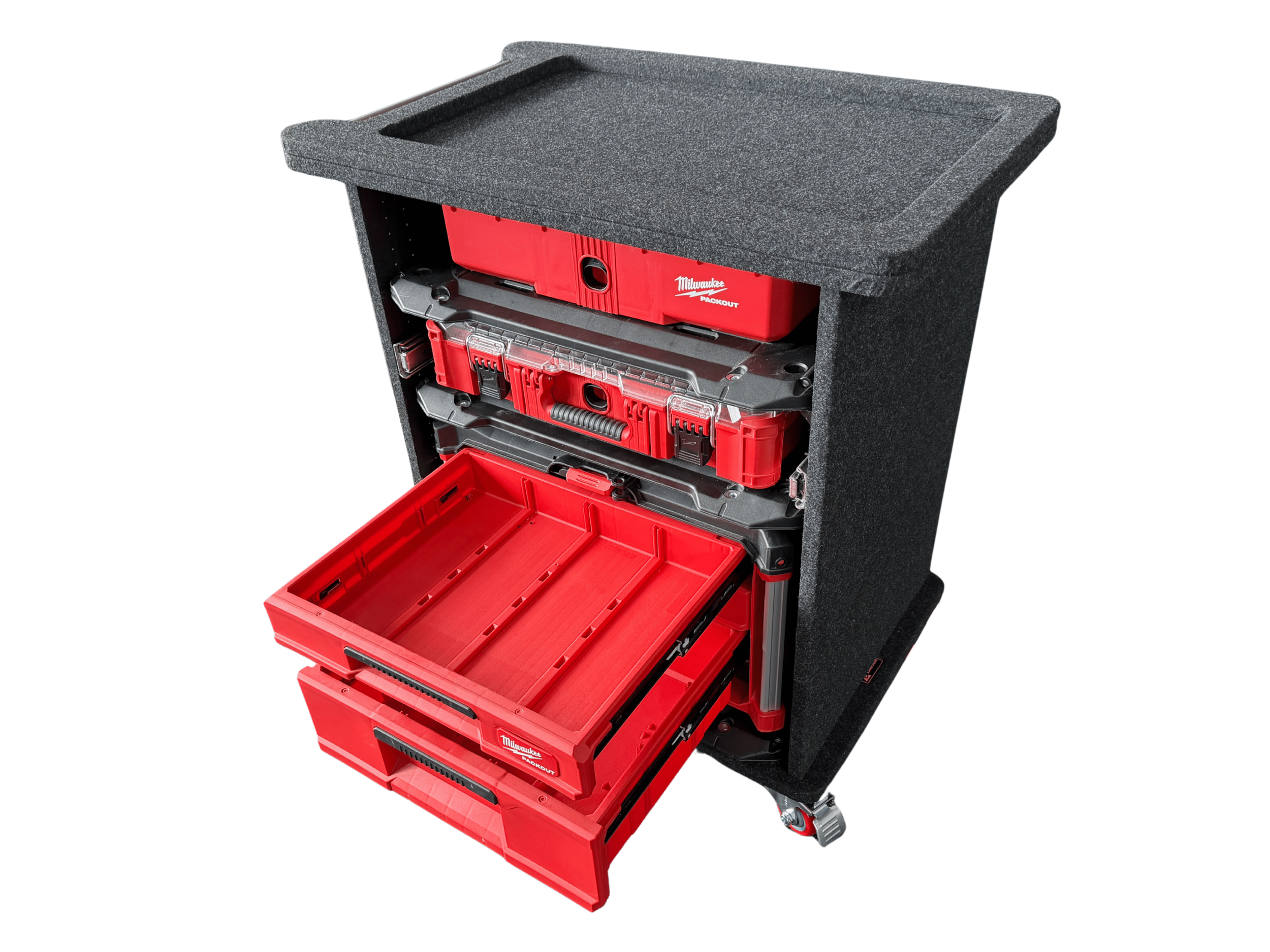 Single stack Packout trolley with slide-out tier and carpeted top deck work surface