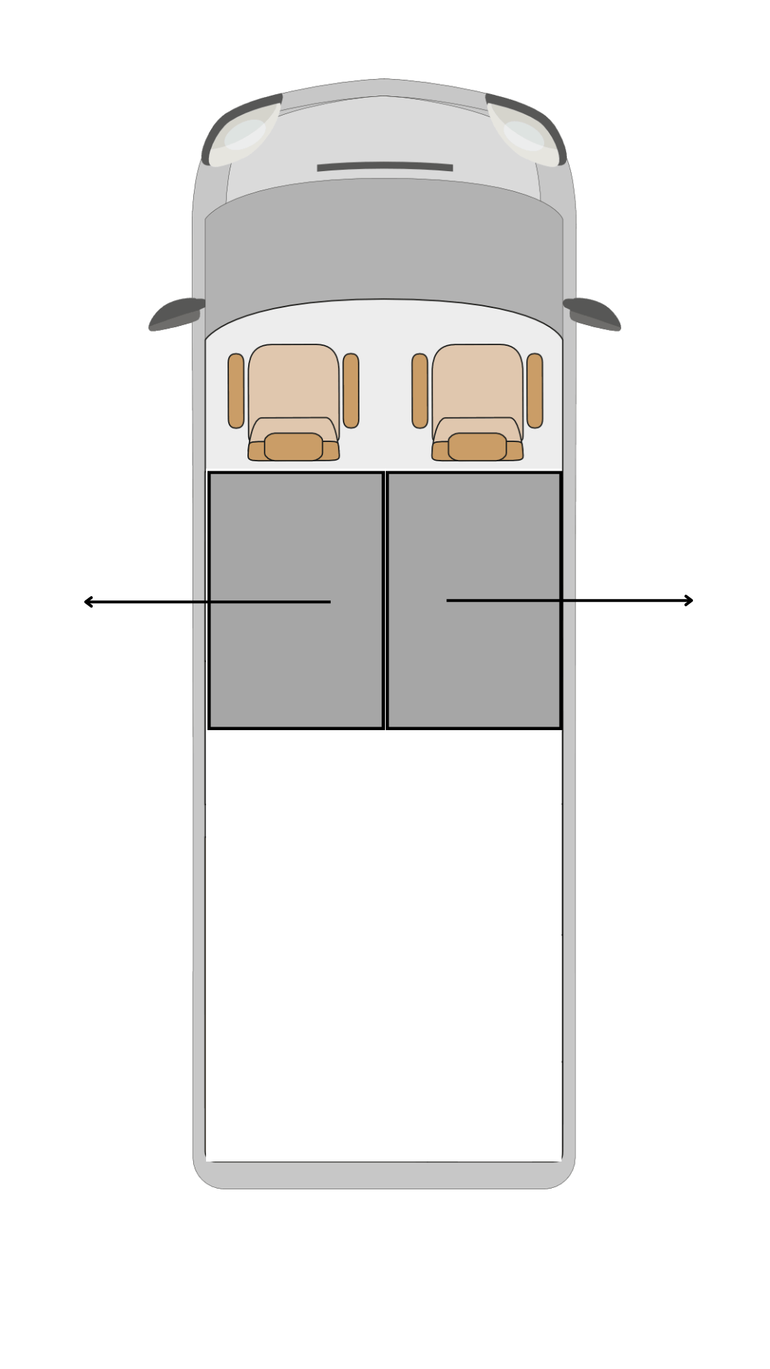Ford Transit Custom twin opposed front drawer van storage system layout with drawers accessible from both sliding doors