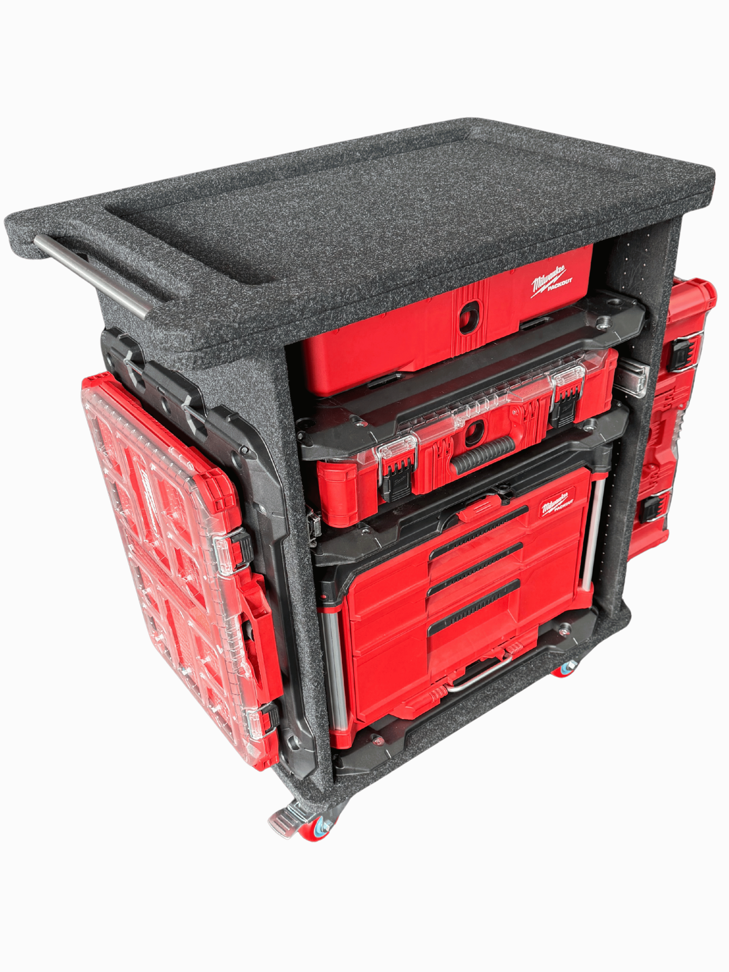 Workshop Packout storage trolley showing fixed and slide tier configuration with side mounting