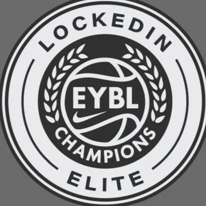 Logo for Lockedin Champions Elite with EYBL center, surrounded by a circular laurel wreath, in black and white.