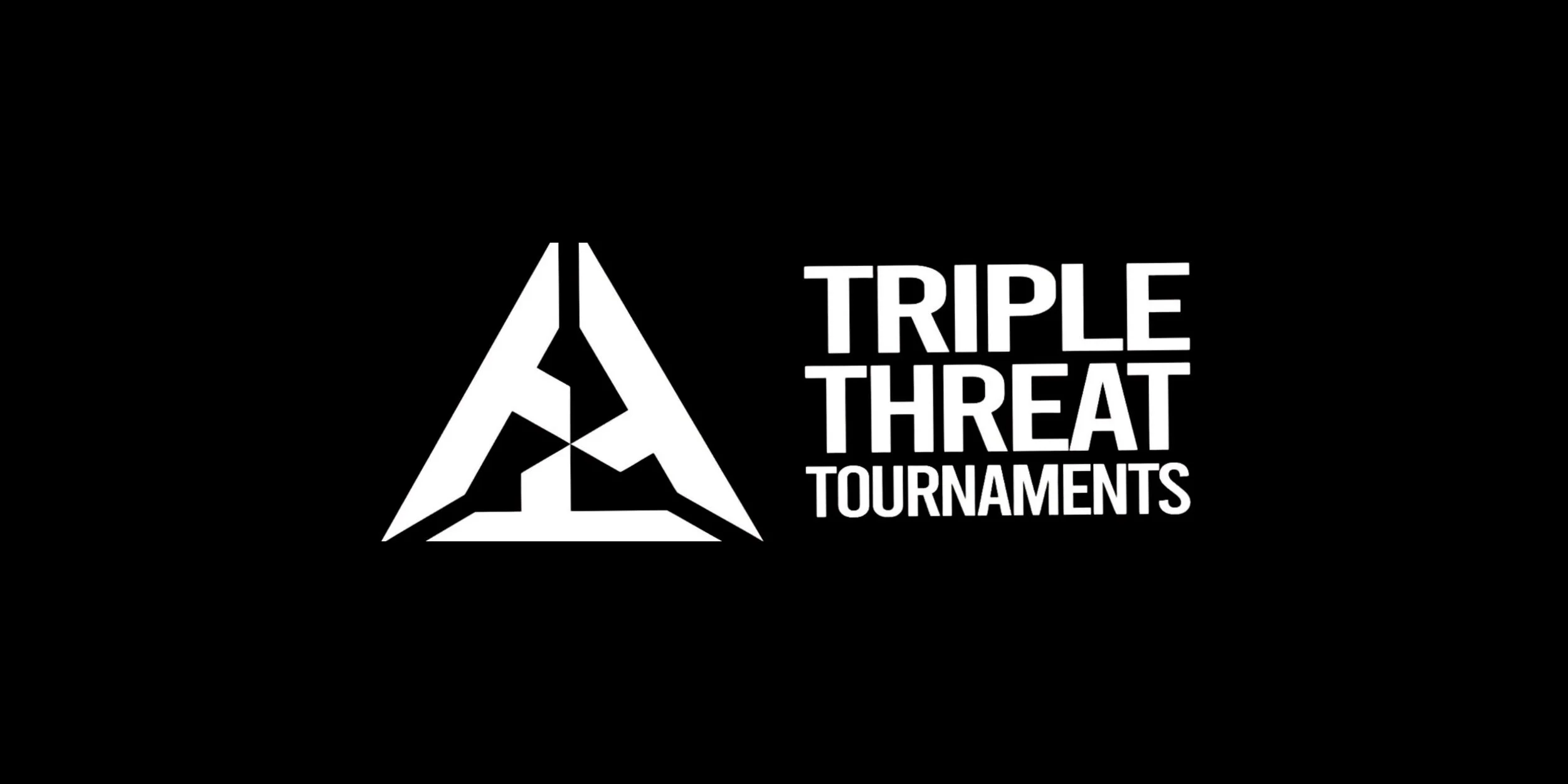 Black background with a white geometric logo resembling an acropolis shape, next to the text 'TRIPLE THREAT TOURNAMENTS' in white, bold, uppercase letters.