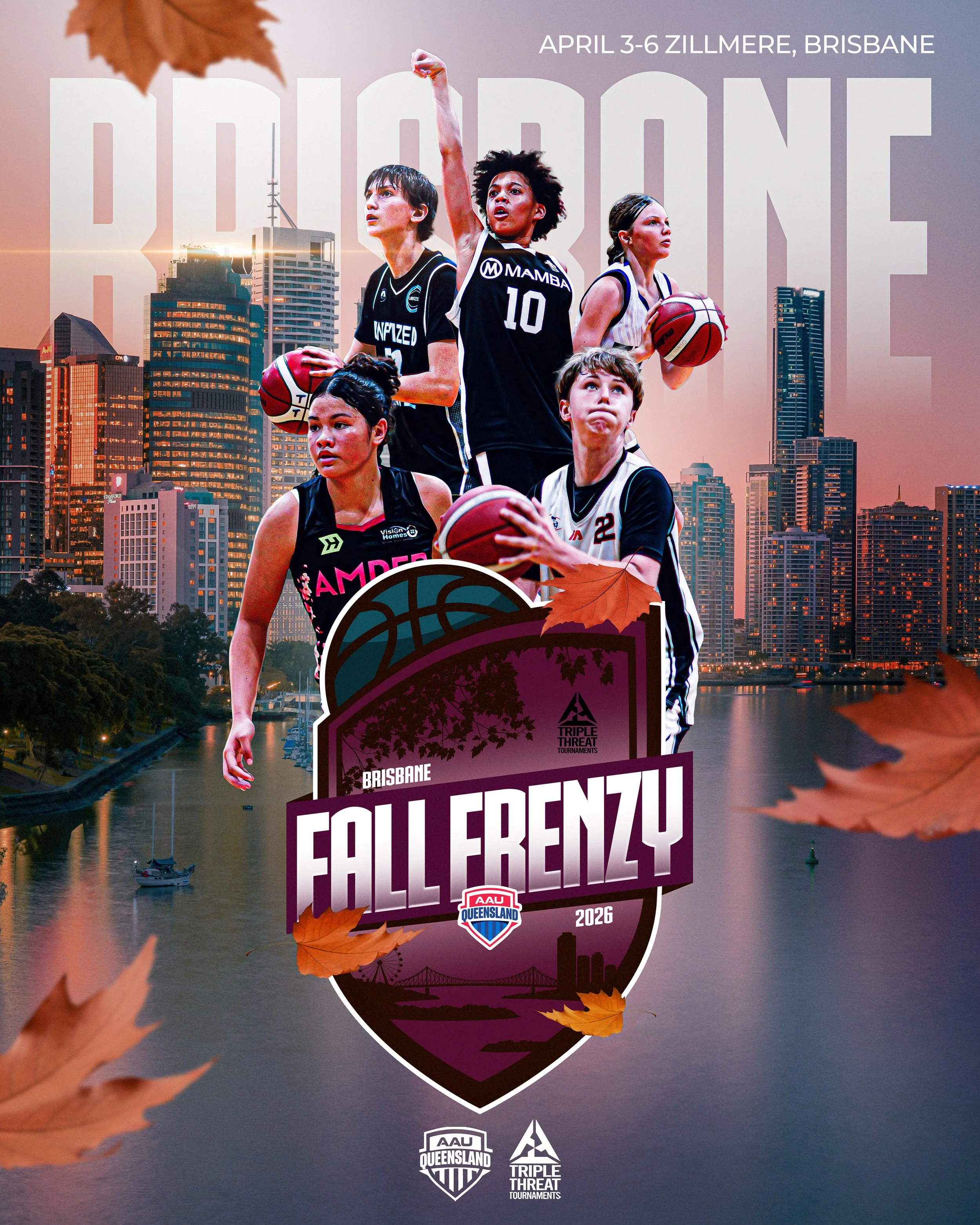 Poster for the Brisbane Fall Frenzy basketball tournament, April 3-6, 2026, in Brisbane, Queensland. Features five female basketball players in action against a city skyline and river background with falling autumn leaves.