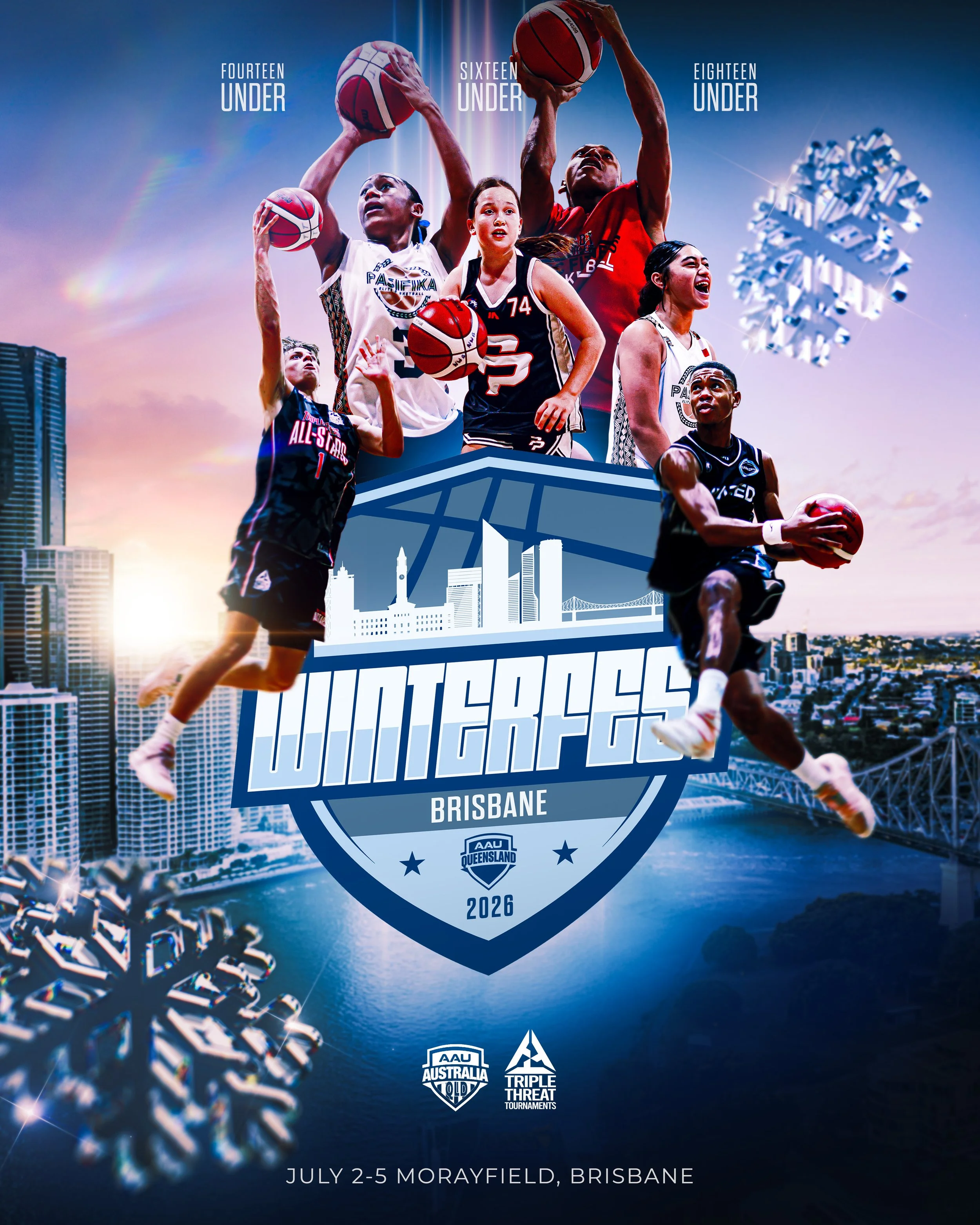 Promotion poster for Winterfest Brisbane 2026, featuring basketball players in action, city skyline, and event details including dates July 2-5 at Morayfield, Brisbane.