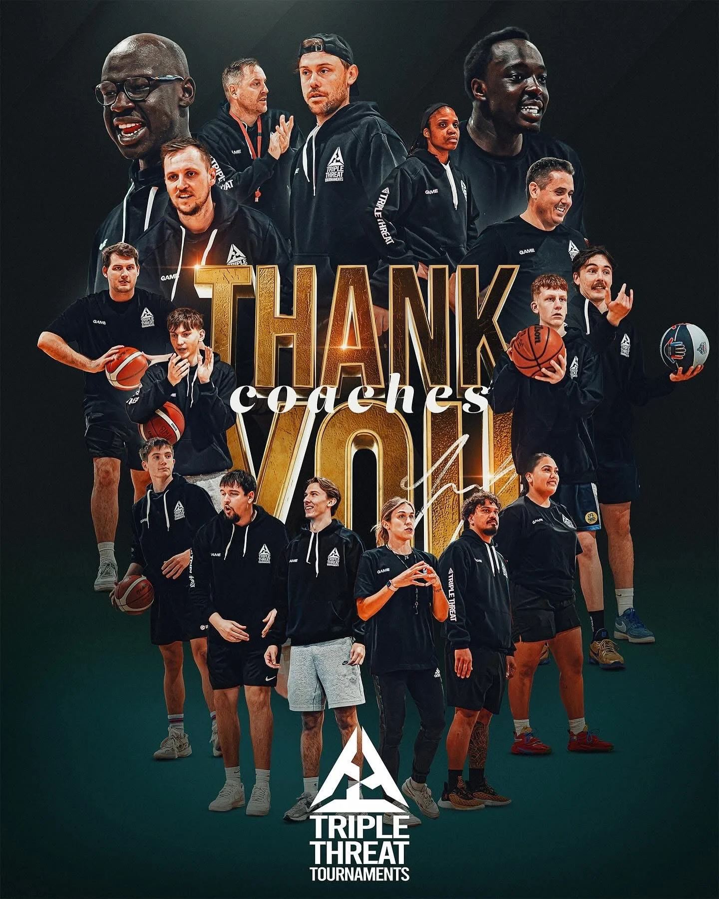 Group of basketball coaches and players in athleticwear with a 'Thank You' message, logo of Triple Threat Tournaments.