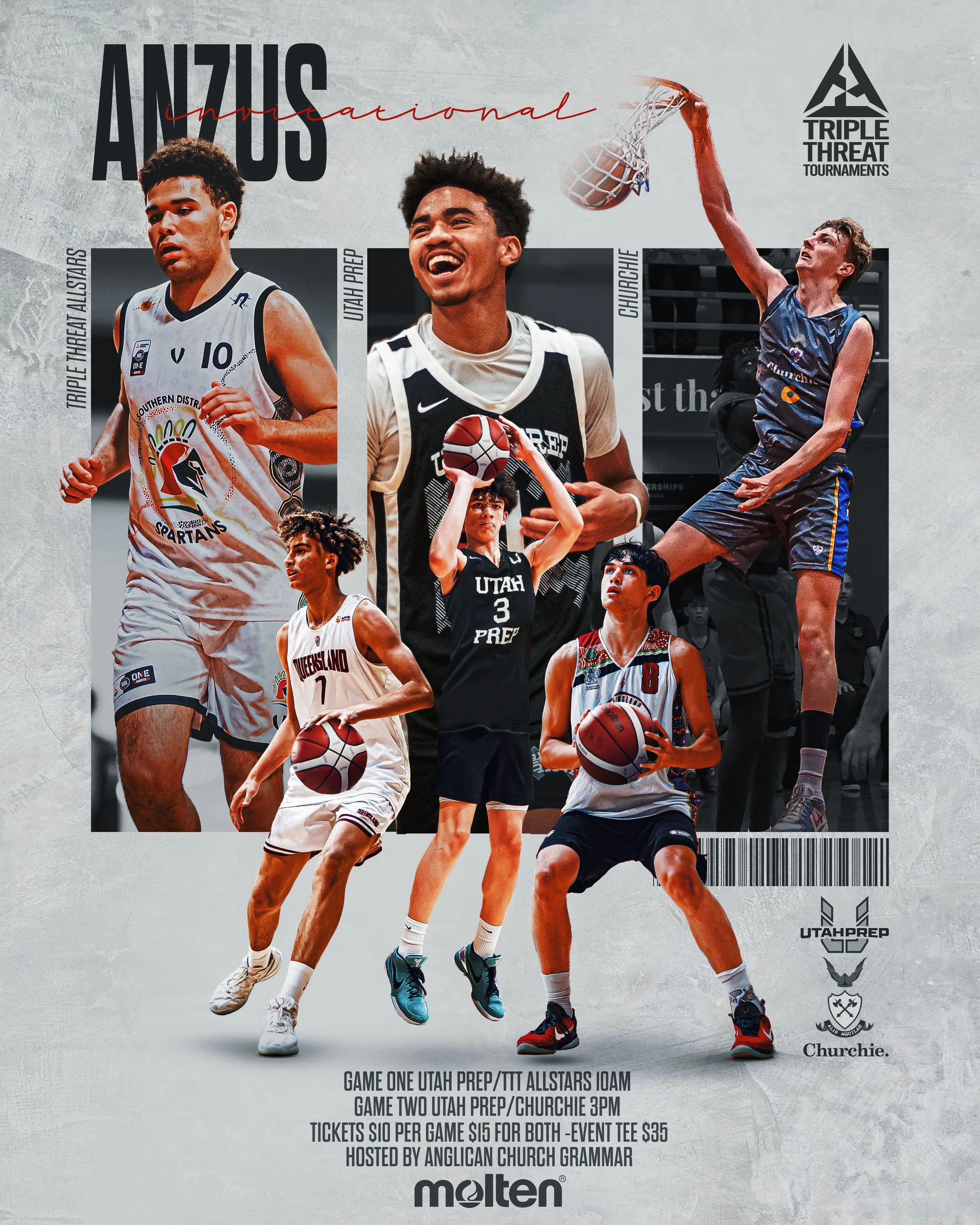 Poster for the Utah All-Star basketball game, featuring multiple players in action and team photos, with event details and sponsor logos.