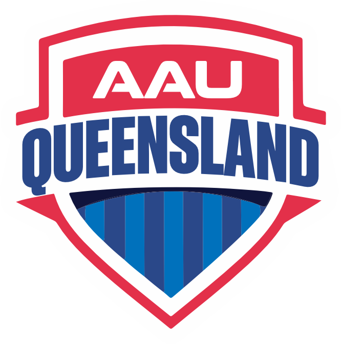 A shield-shaped logo with red, white, and blue colors, featuring the text 'AAU' in red at the top and 'QUEENSLAND' in blue below.
