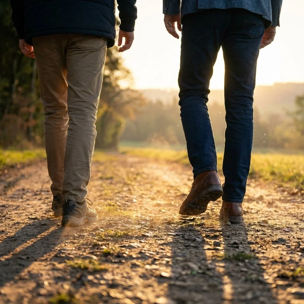 Dr. Miroslav Chabica im Gespräch mit einem Patienten auf einem Waldweg – ein partnerschaftlicher Ansatz zur Schmerztherapie in Wien.